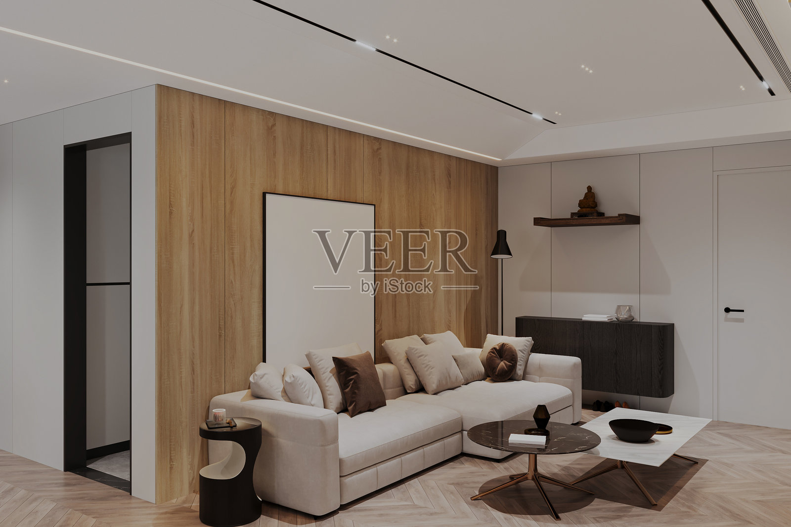 现代简约风格的客厅,配有中性色调和舒适的沙发照片摄影图片