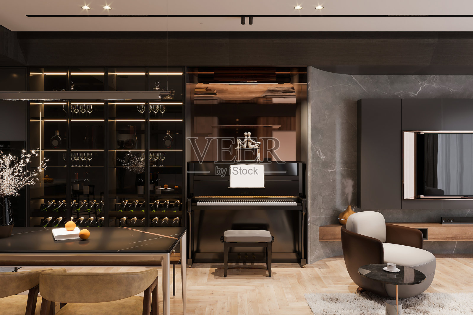 奢华的客厅,配有钢琴、酒柜和优雅的现代装饰照片摄影图片