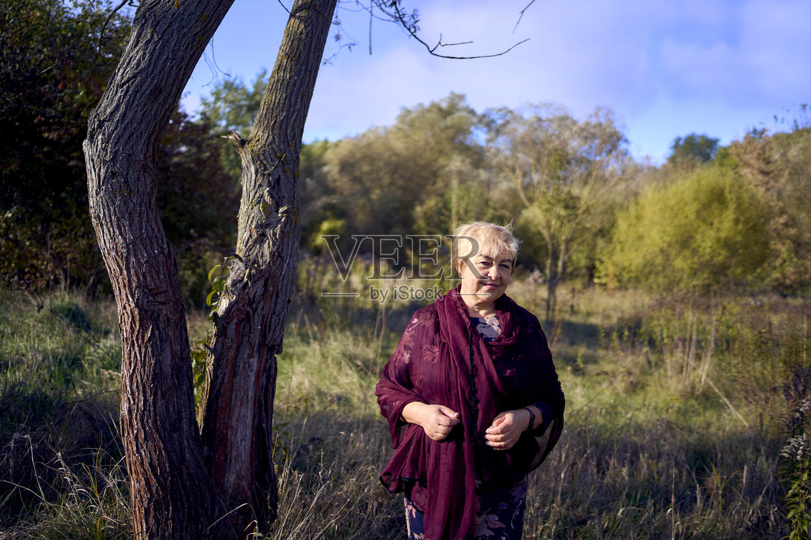秋天森林中穿着裙子和披肩的银发老妇人肖像照片摄影图片