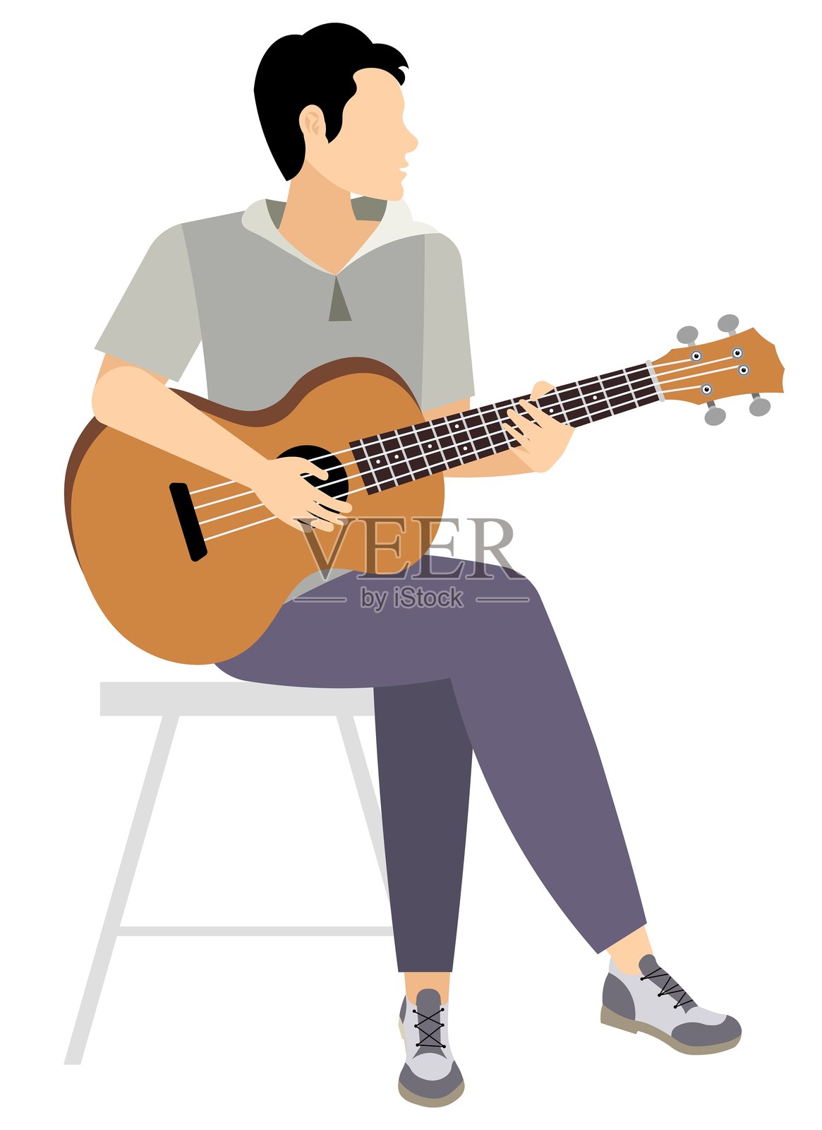 矢量人物。弹奏原声吉他。一位男性音乐家坐着弹吉他。矢量插图插画图片素材