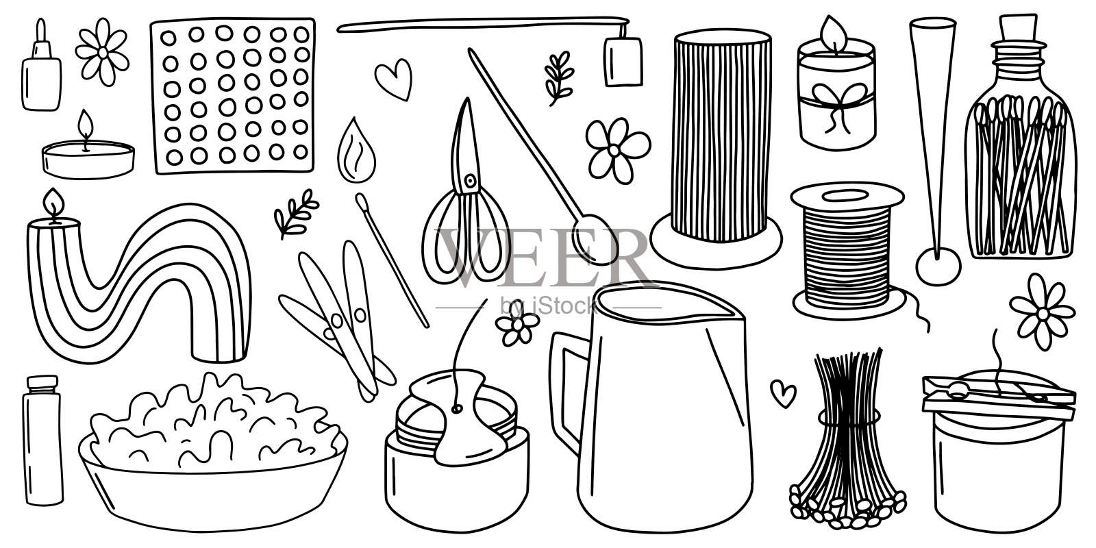 蜡烛制作涂鸦套件。模具、蜡烛熄灭器、罐装蜡烛、大碗大豆蜡、多芯蜡烛、香精油、剪刀和火柴矢量套件插画图片素材
