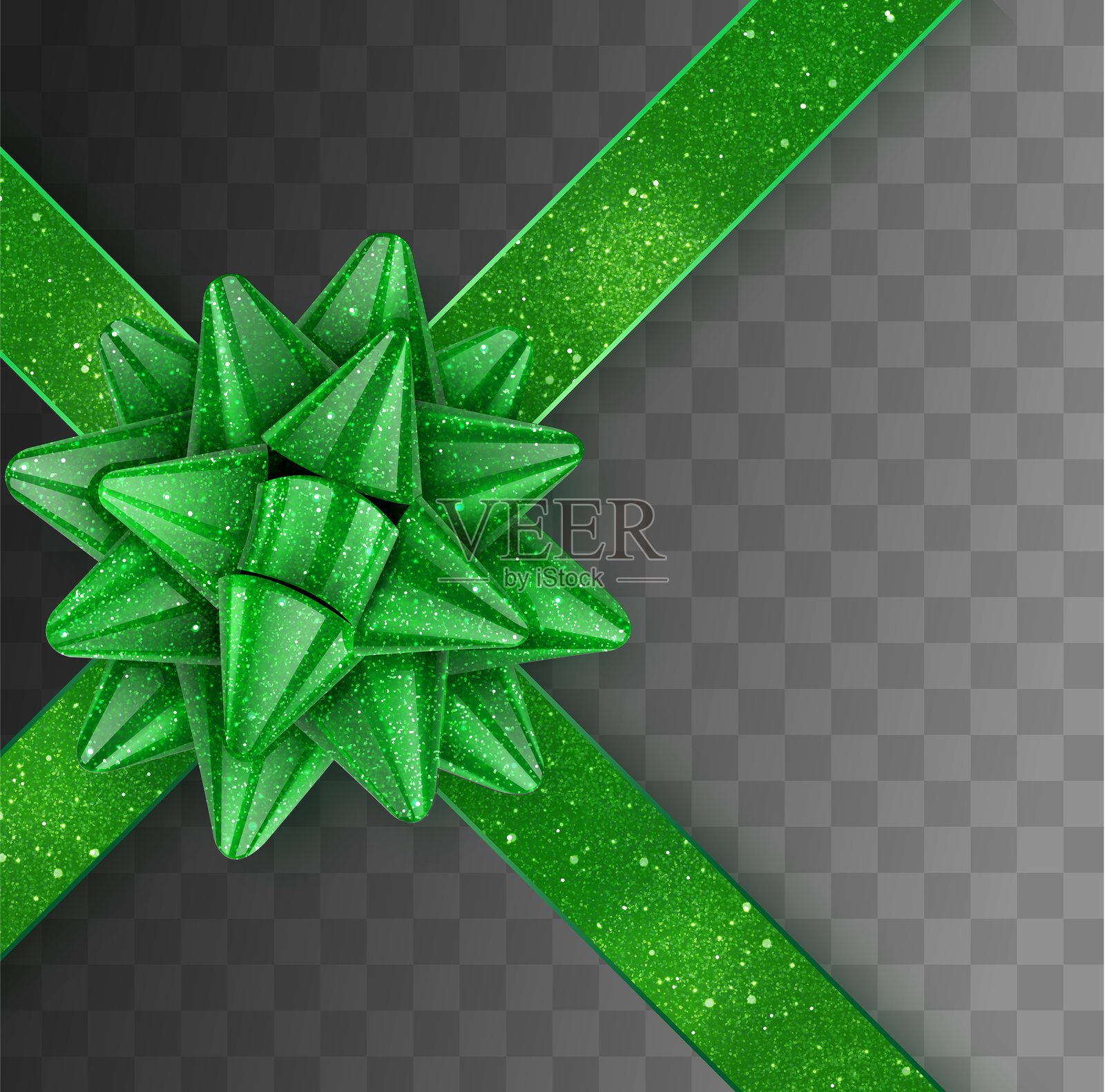 绿色闪亮的礼物蝴蝶结与丝带,透明背景。矢量图。插画图片素材