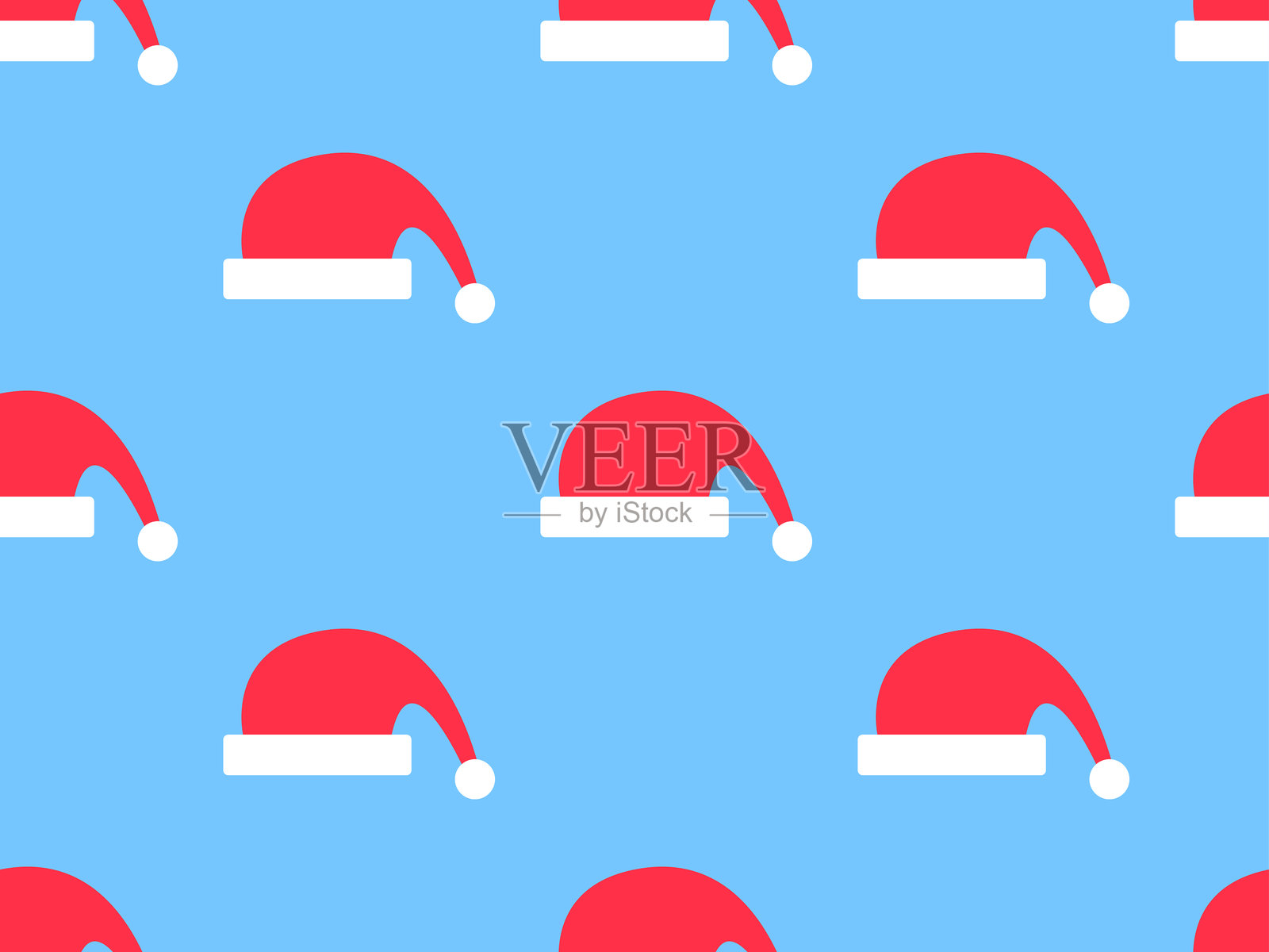 圣诞老人帽子无缝图案。圣诞快乐。蓝色背景上的圣诞帽。适用于贺卡、包装纸、横幅和海报的节日设计。矢量插图插画图片素材