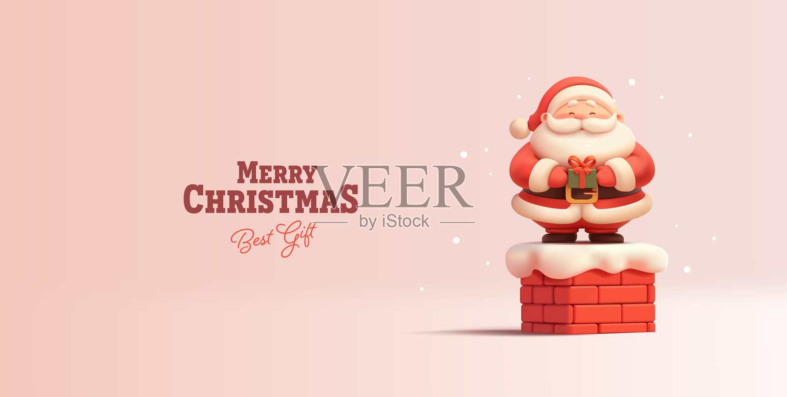 圣诞快乐。3D可爱的圣诞老人站在烟囱上,手里拿着礼物。圣诞祝福。在圣诞场景之前。矢量插图。插画图片素材