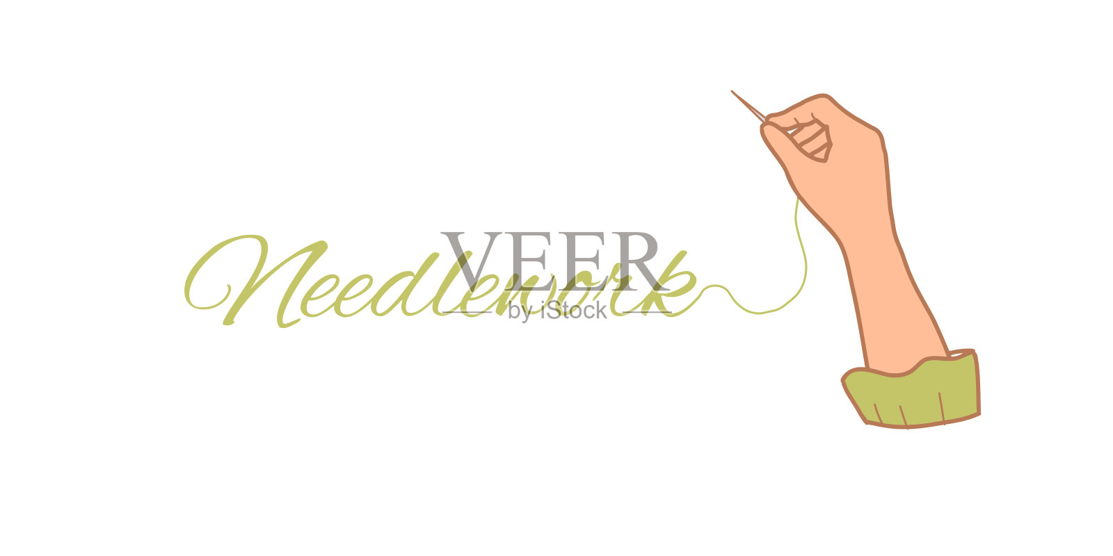 针线活概念。女性手持针和线在白色背景上刺绣。复古风格的手绘矢量插图。关于爱好、缝纫和刺绣的彩色插图。非常适合用作标志和网页设计。插画图片素材