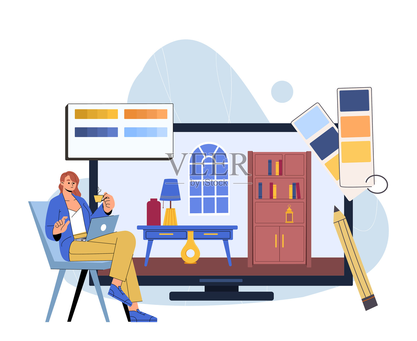 女性室内设计师。年轻女孩用笔记本电脑查看桌子和衣柜里的物品。家具和装饰元素,营造出公寓的舒适与温馨。平面矢量插图。插画图片素材