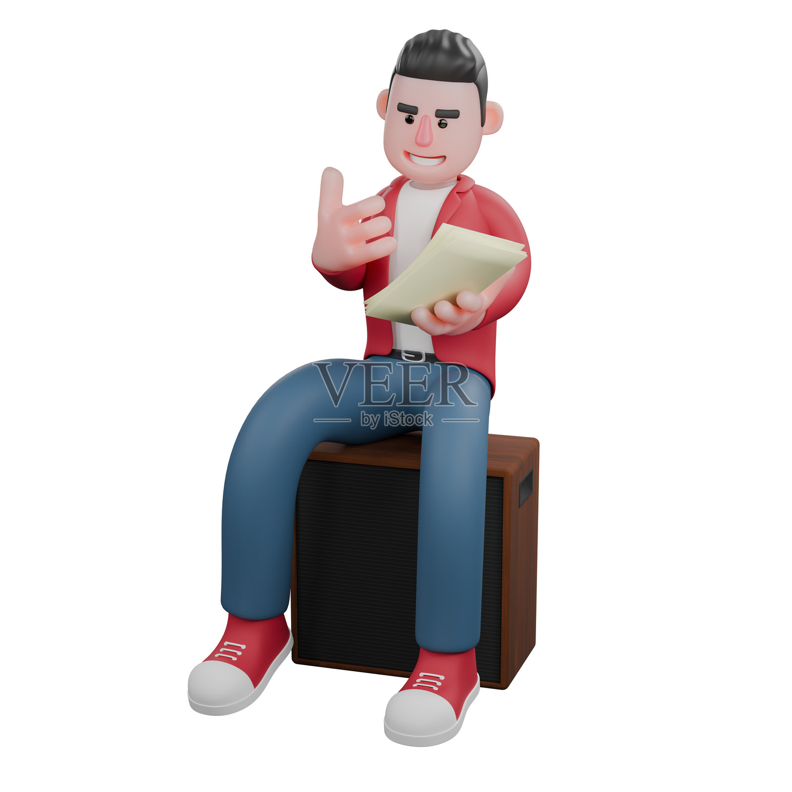 3D男性歌手设计。一位男性歌手坐在音响上,左手拿着纸,右手放在胸前。卡通表演者照片摄影图片