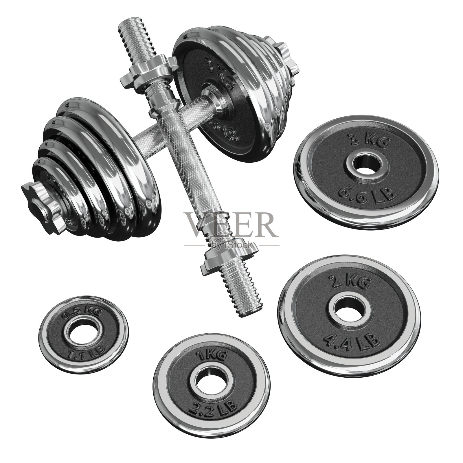 可调节的铬制哑铃和一个拆开的部分。杆手柄,配重盘。照片摄影图片