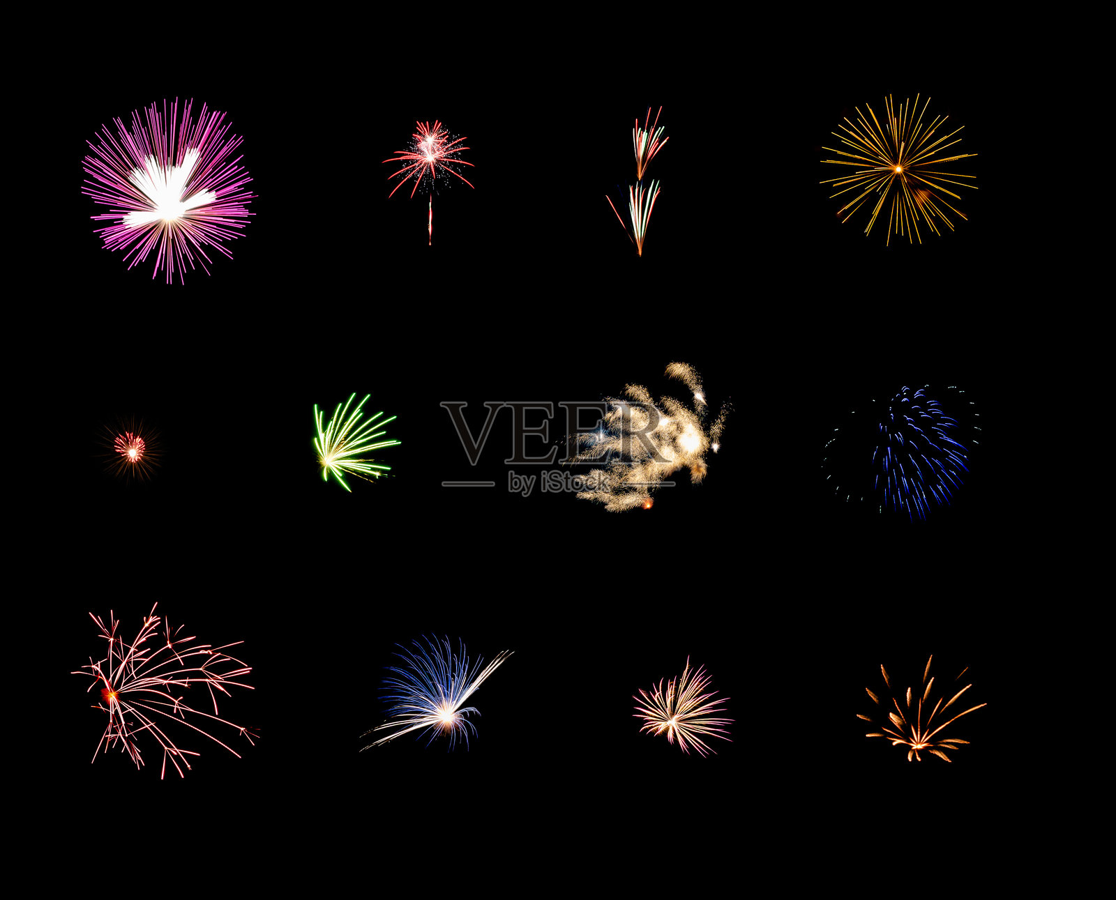 美丽的灯光庆祝节日,五彩缤纷的烟花在夜空中绽放,背景为黑色。照片摄影图片