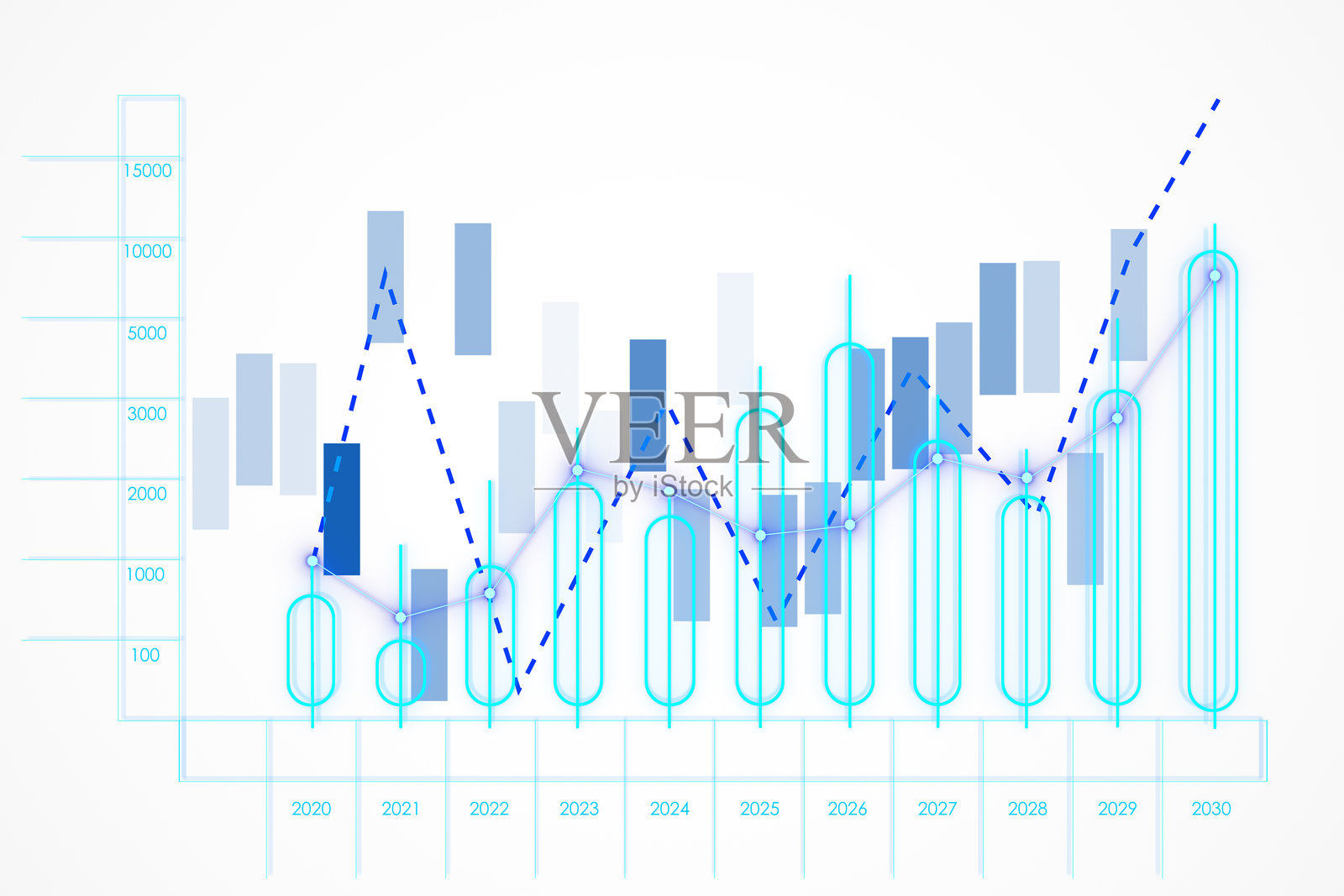 带有增长趋势和数据条的金融图表,白色背景,3D渲染。照片摄影图片