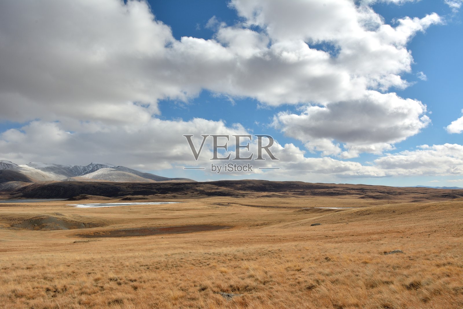 在秋天阴云密布的日子里,高耸的雪山脚下,广袤草原上连绵的冰冻湖泊。照片摄影图片