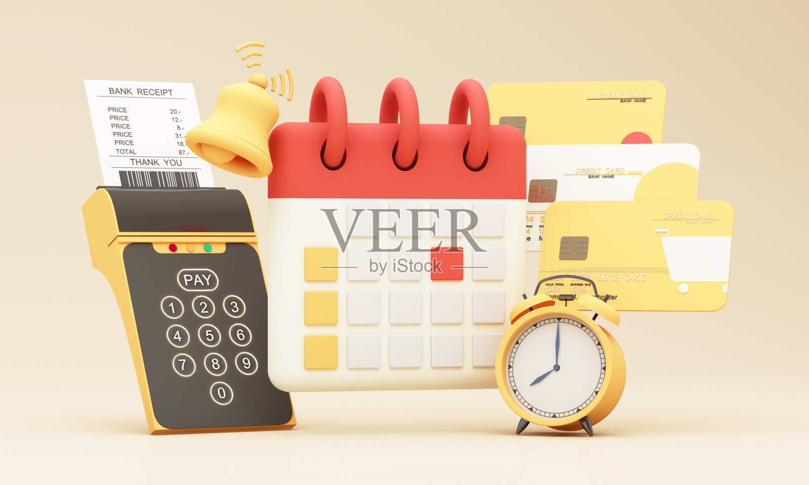 提醒用信用卡、现金支付。及时规划付款。提醒应用程序。避免延迟付款罚款。日历,钟,硬币。广告。粉彩卡通风格3d渲染插图照片摄影图片