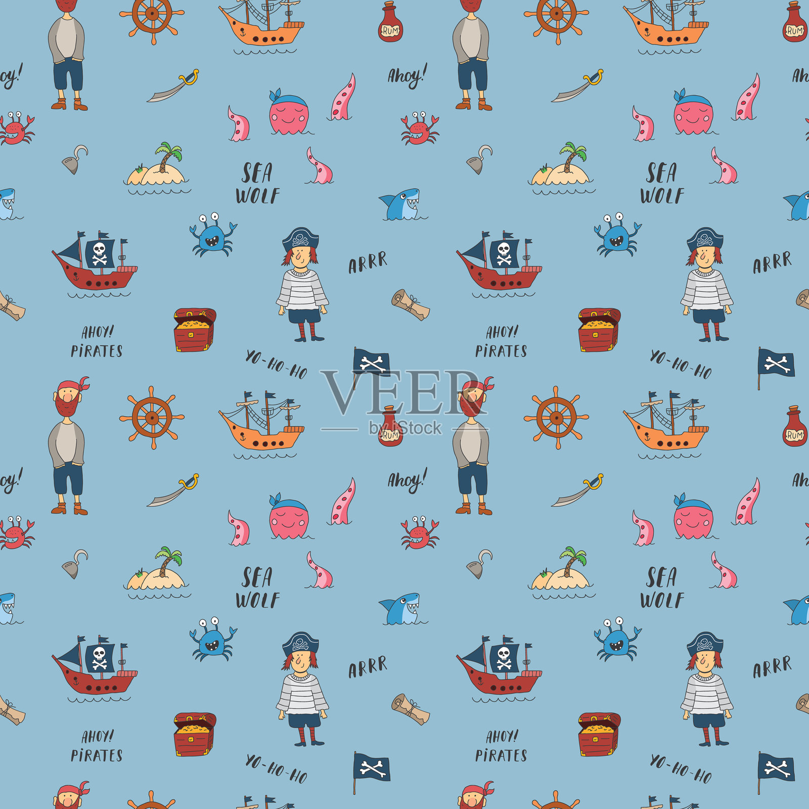 可爱的海盗元素无缝图案。卡通海盗物品和物件。背景。矢量插图。插画图片素材