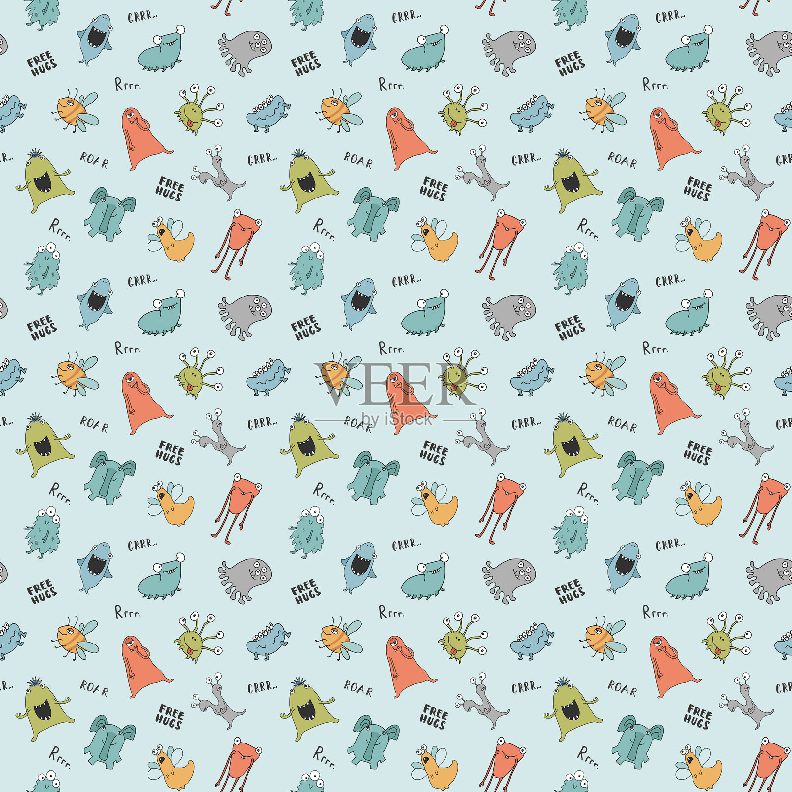 可爱的怪兽无缝图案。卡通怪兽背景。矢量插图插画图片素材
