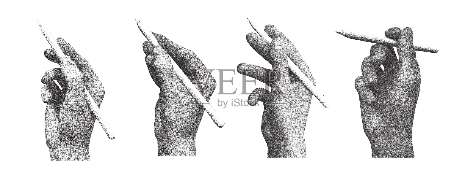 复古复印手与铅笔的组合。复古点描效果。时尚的Y2K美学。插画图片素材