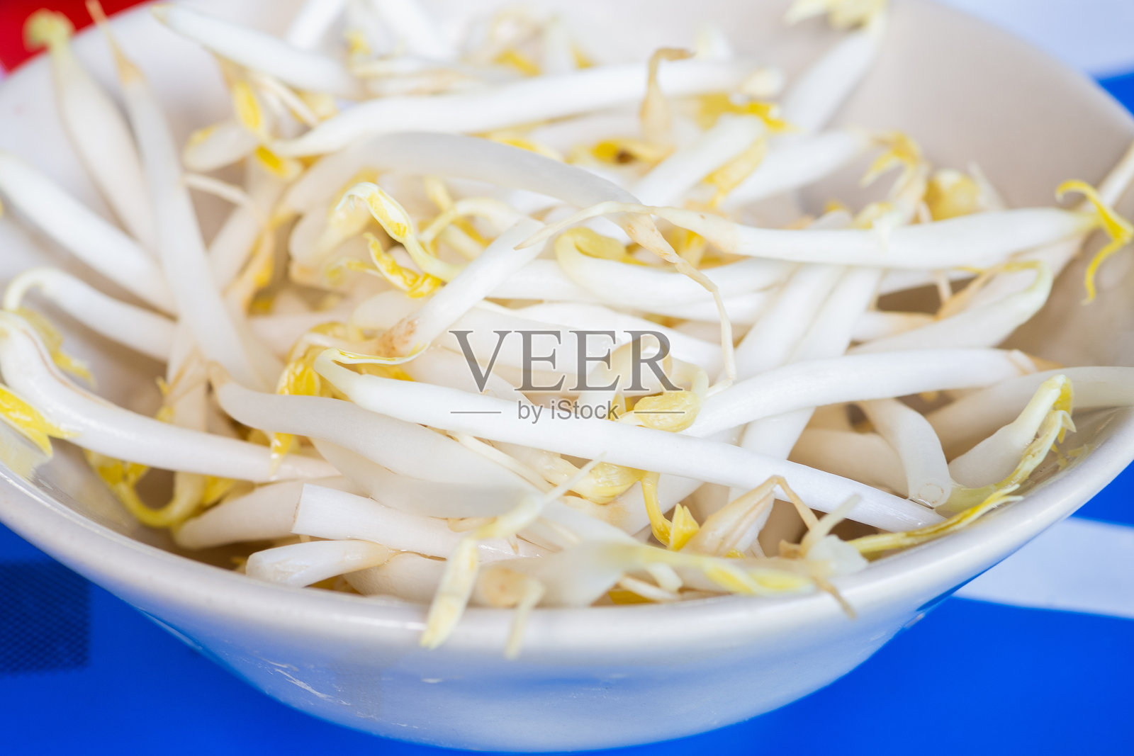 蓝色桌子上的绿豆芽特写。照片摄影图片