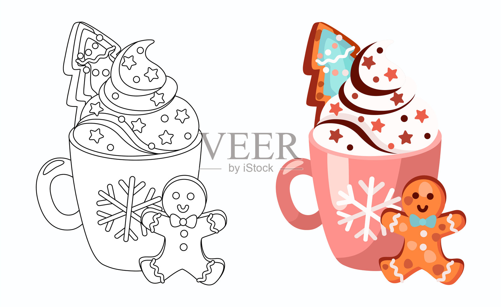 带有鲜奶油和姜饼的可可矢量插图。插画图片素材