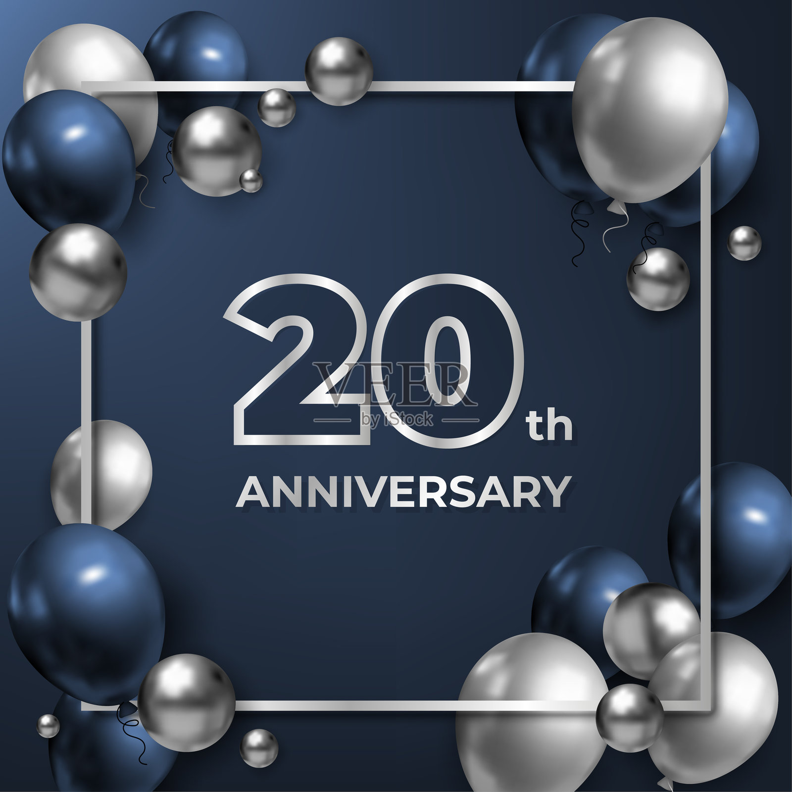 一个带有蓝色调气球和银色球体的3D周年庆横幅。适用于广告、贺卡或网页横幅,具有现代而节日的设计。非人工智能生成。插画图片素材