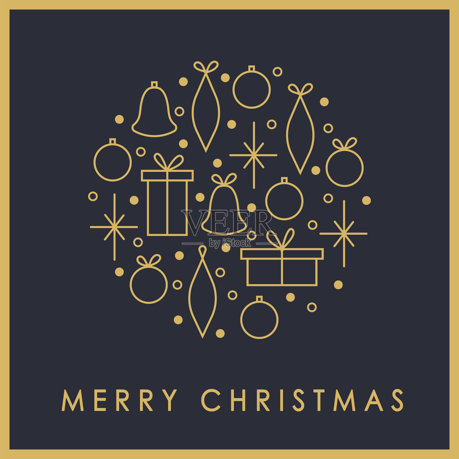 新年快乐和圣诞快乐的节日贺卡。通用艺术模板。极简风格的矢量设计,包含礼品盒、铃铛、雪花和圣诞树装饰。照片摄影图片