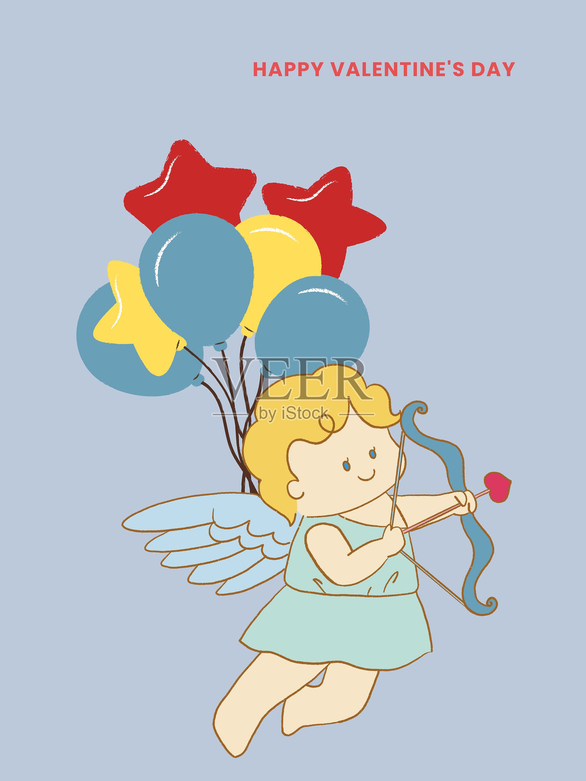 复古涂鸦风格的可爱丘比特爱神角色,手持心形图案,背景抽象。照片摄影图片