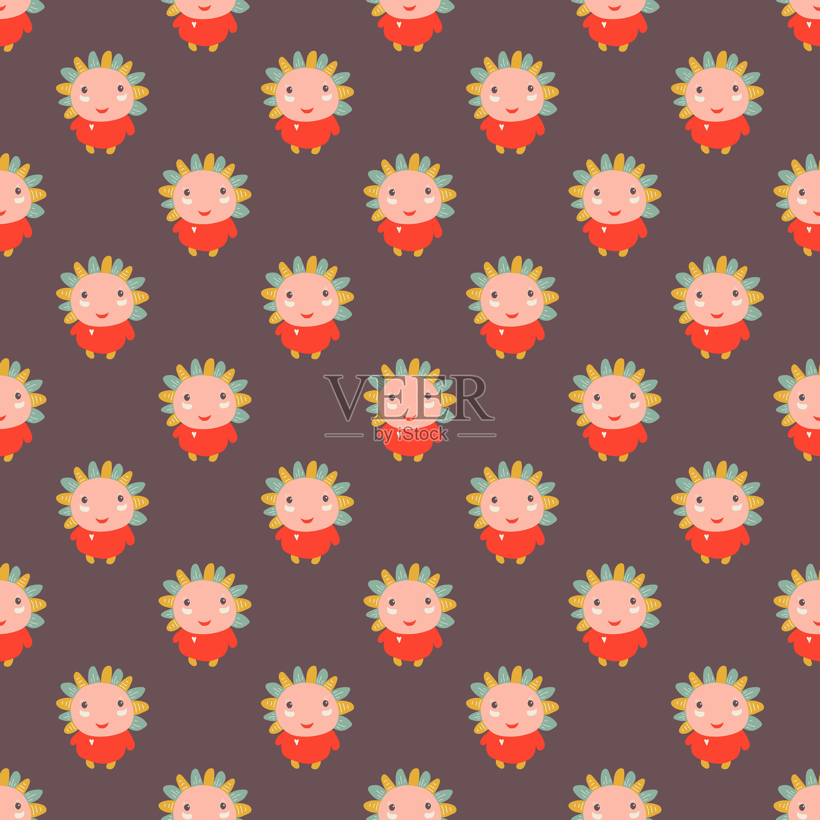 可爱的创意背景,采用时尚的极简风格。带有花卉元素和卡通角色的矢量纹理。插画图片素材