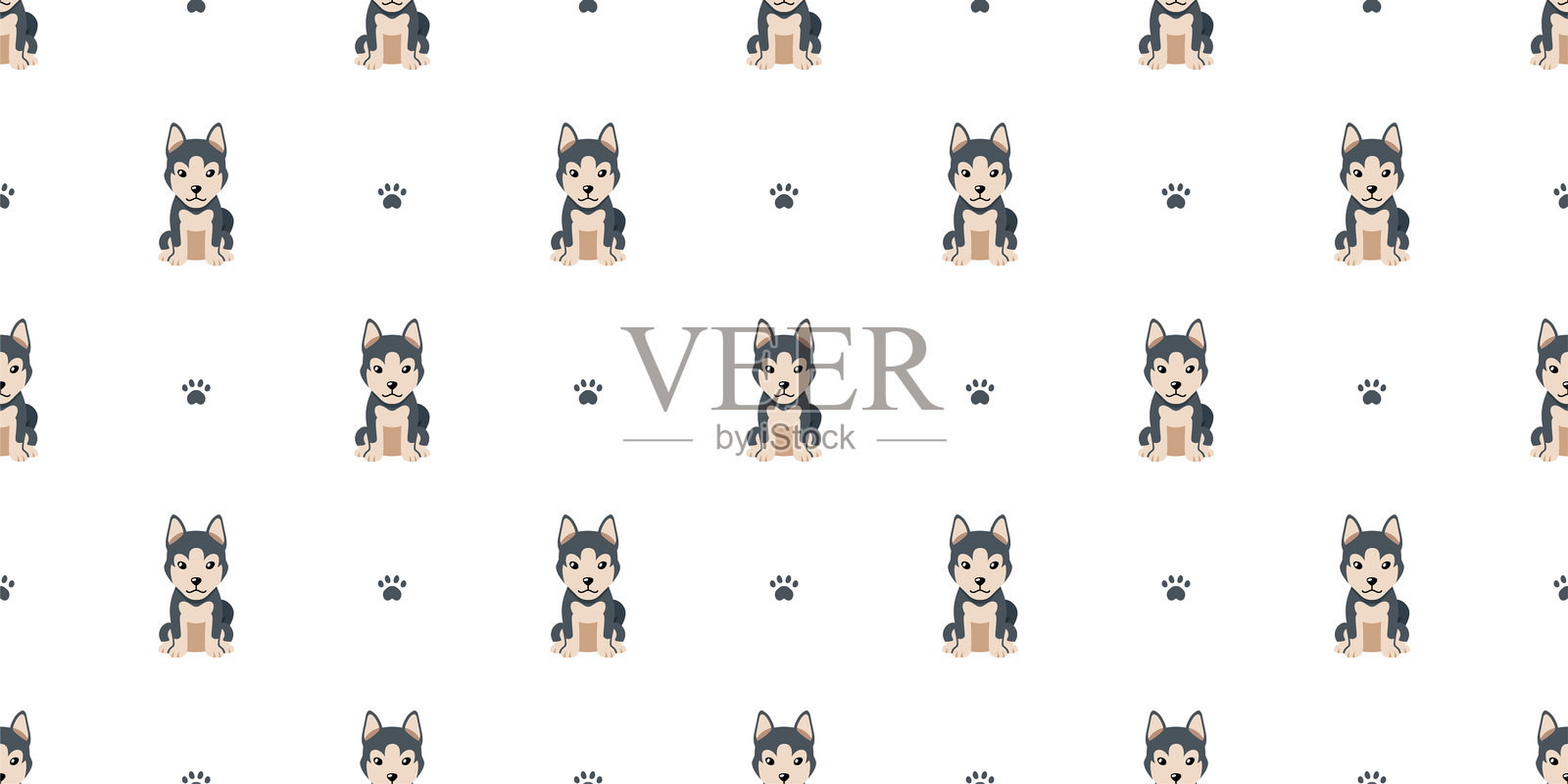 可爱的西伯利亚哈士奇卡通角色无缝图案背景插画图片素材