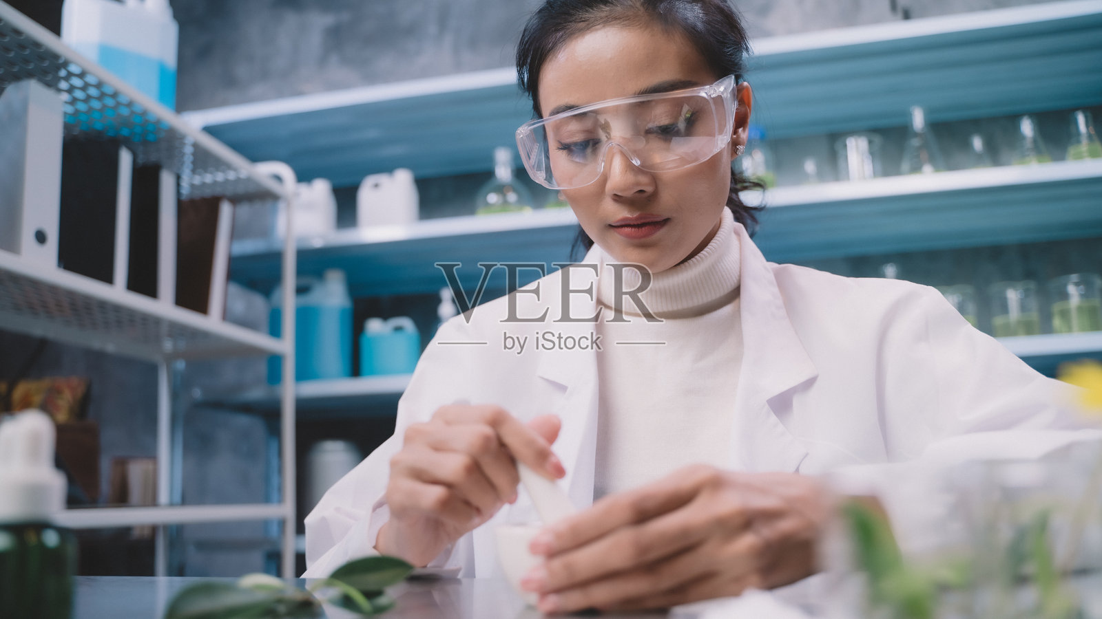 年轻的研究人员正在实验室中将粉末状的研究材料研磨到研磨杯中。女性们很高兴测试化妆品或药物,以实现美丽的护肤效果。照片摄影图片