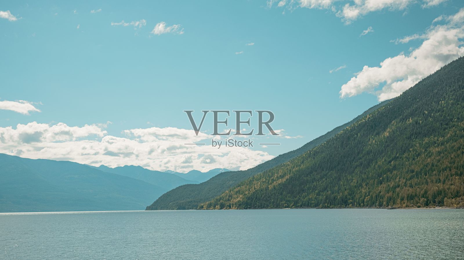 宁静的湖泊与郁郁葱葱的青山在蓝天之下。照片摄影图片