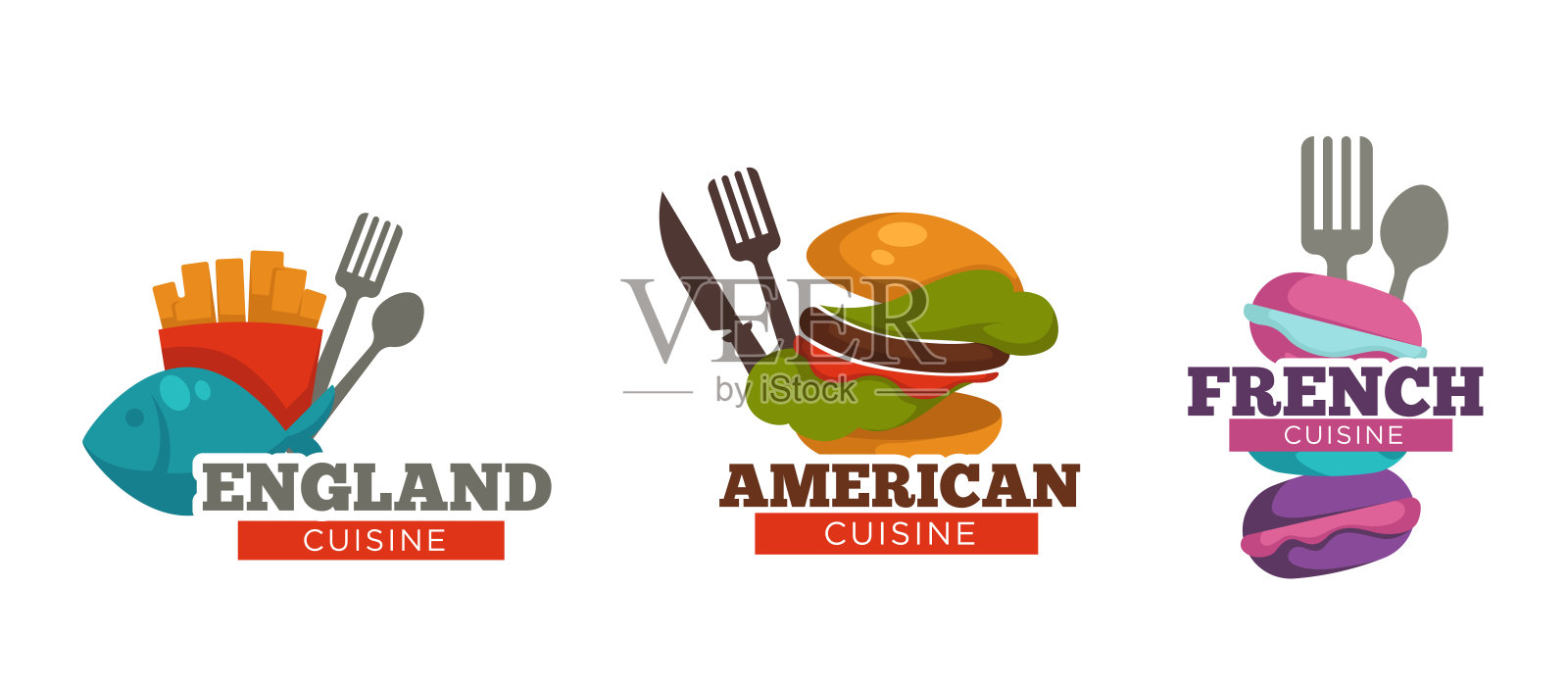 英、美、法三国美食横幅插画图片素材