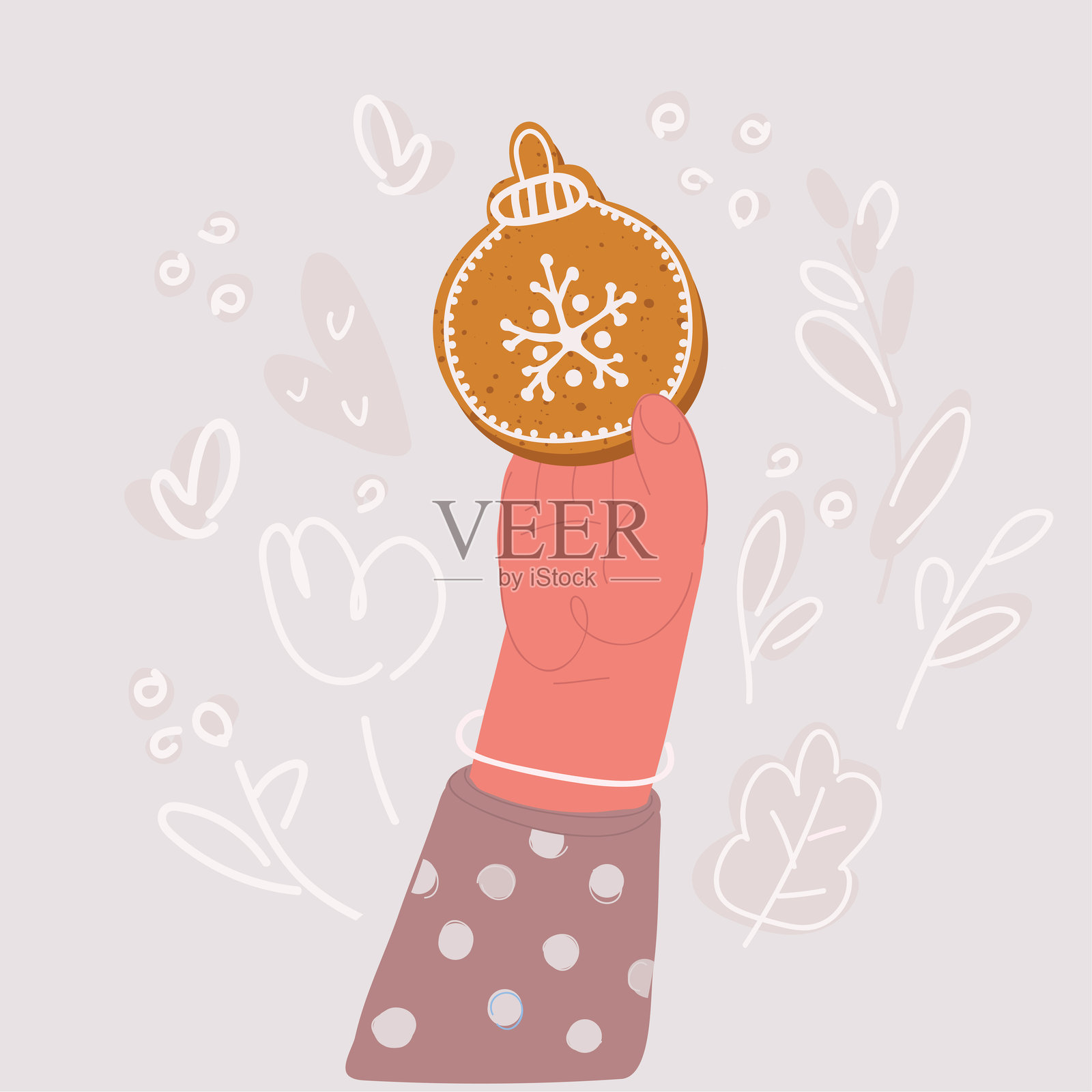 手握姜饼饼干的矢量插图。姜饼饼干。甜蜜的奖励。圆形饼干。插画图片素材