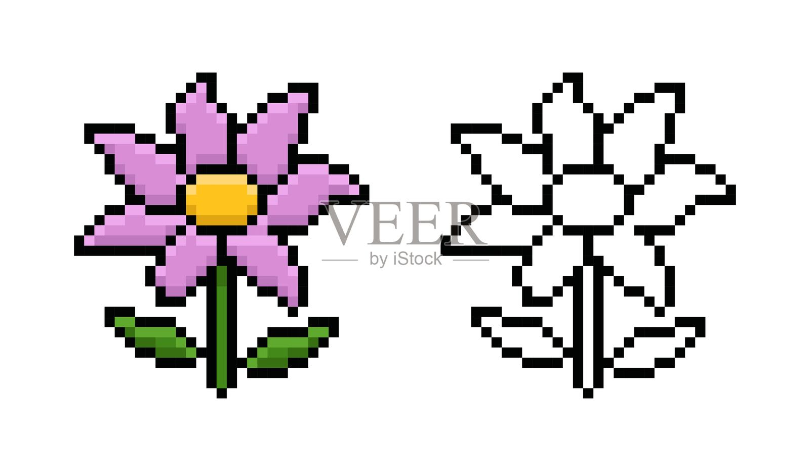 像素艺术风格的粉色花朵。简单的复古矢量插图插画图片素材