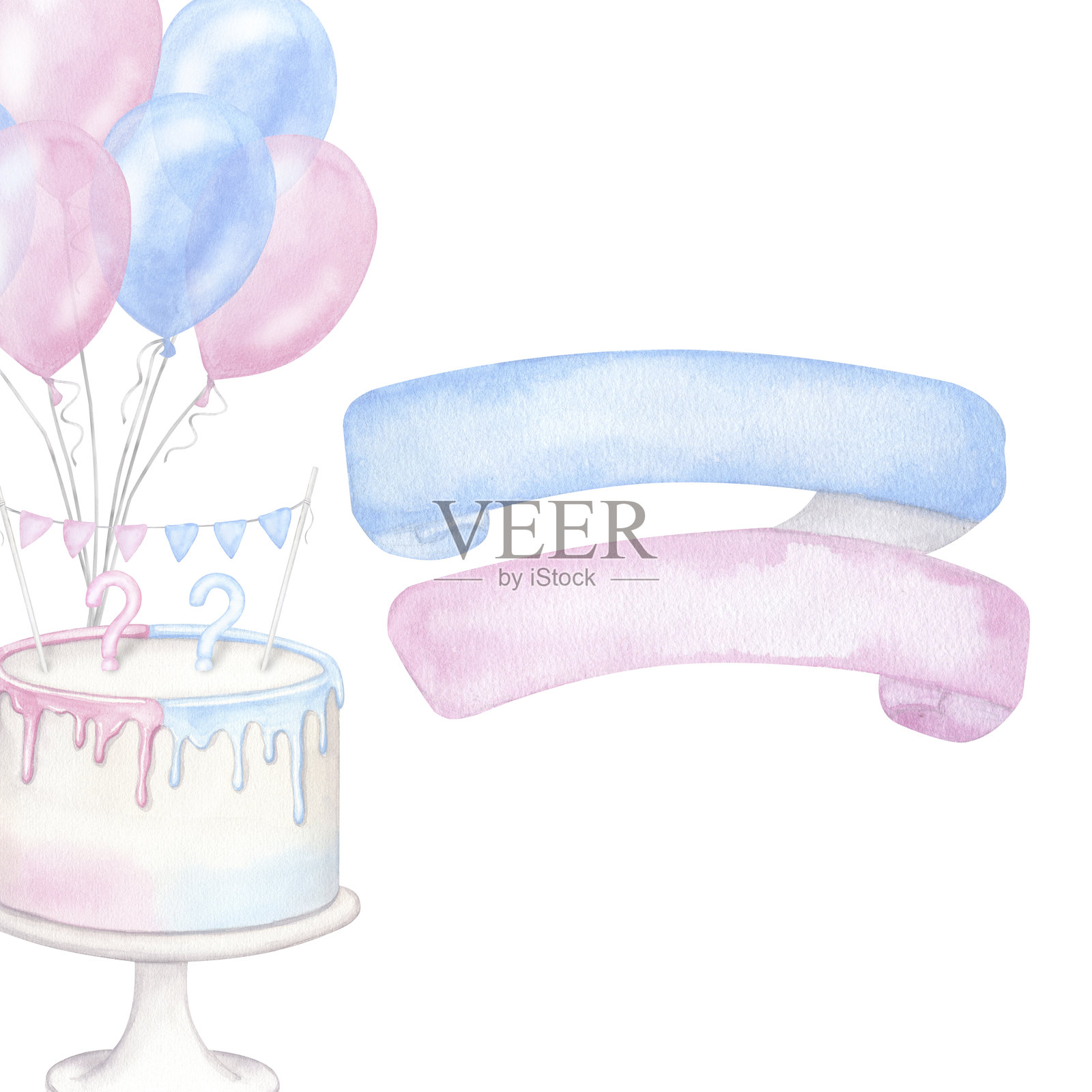 粉蓝色的性别揭晓派对邀请卡。男孩还是女孩,他或她。气球、蛋糕、旗帜花环。手绘水彩插图,背景为白色。适用于婴儿洗礼、儿童活动。照片摄影图片