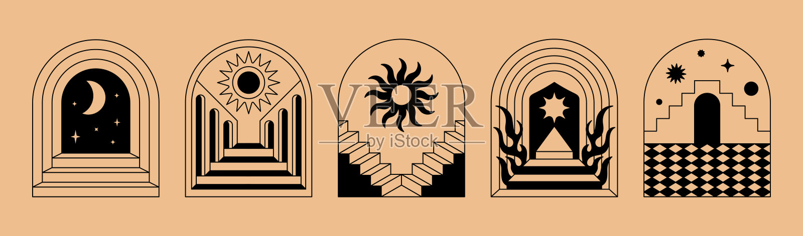 简单线条风格的矢量插图,波西米亚抽象印刷品,简单的弧线与自然风光,包括山脉和丘陵、楼梯以及神秘元素,标志设计和印刷模板插画图片素材