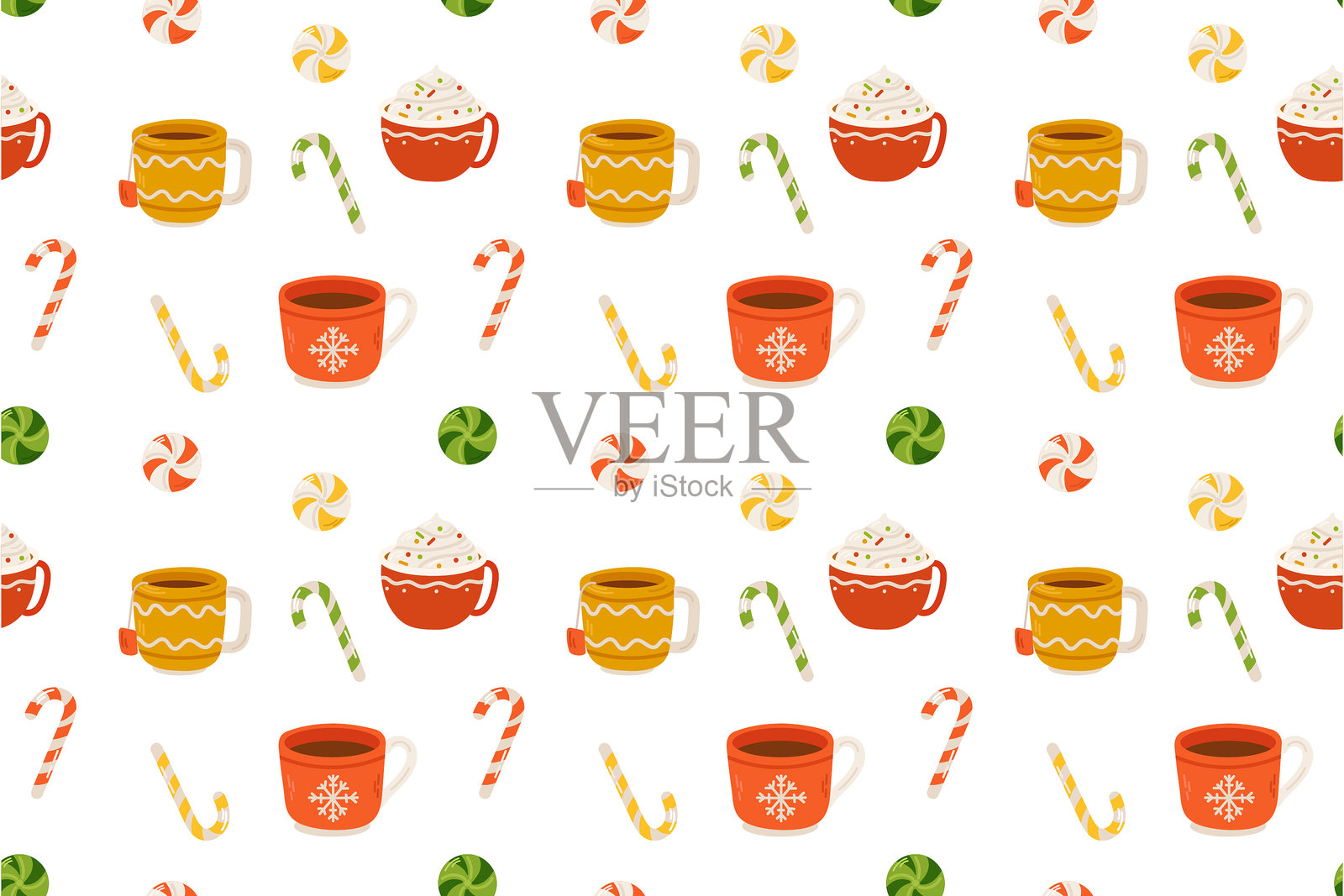 无缝图案,包含杯子蛋糕、糖果手杖、棉花糖和棒棒糖。矢量插图。插画图片素材