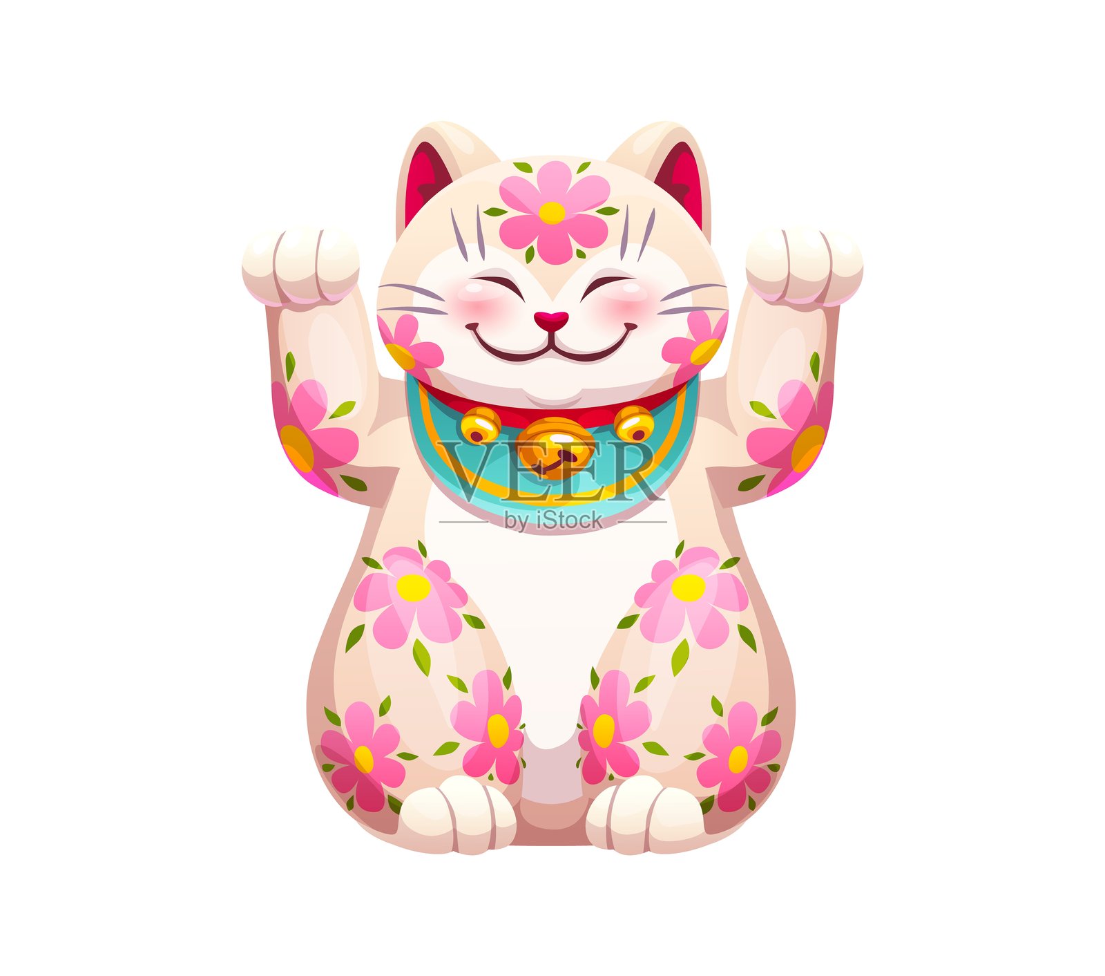 迷人的卡通招财猫,带有花卉图案插画图片素材