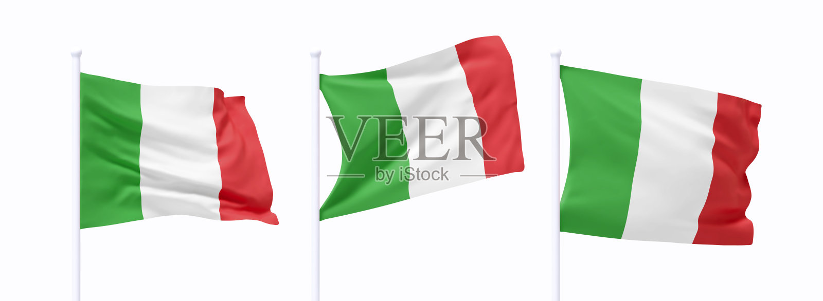 意大利国旗在旗杆上飘扬的组合。逼真的3D设计,国旗在白色背景上随风飘动。矢量插图。插画图片素材