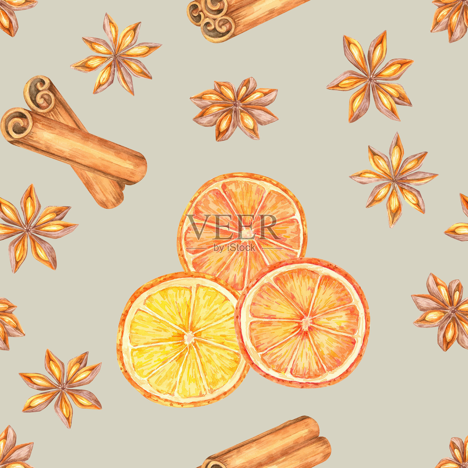 橙子片、八角和肉桂棒在浅灰色背景上。节日无缝水彩图案。适合用于面料。照片摄影图片