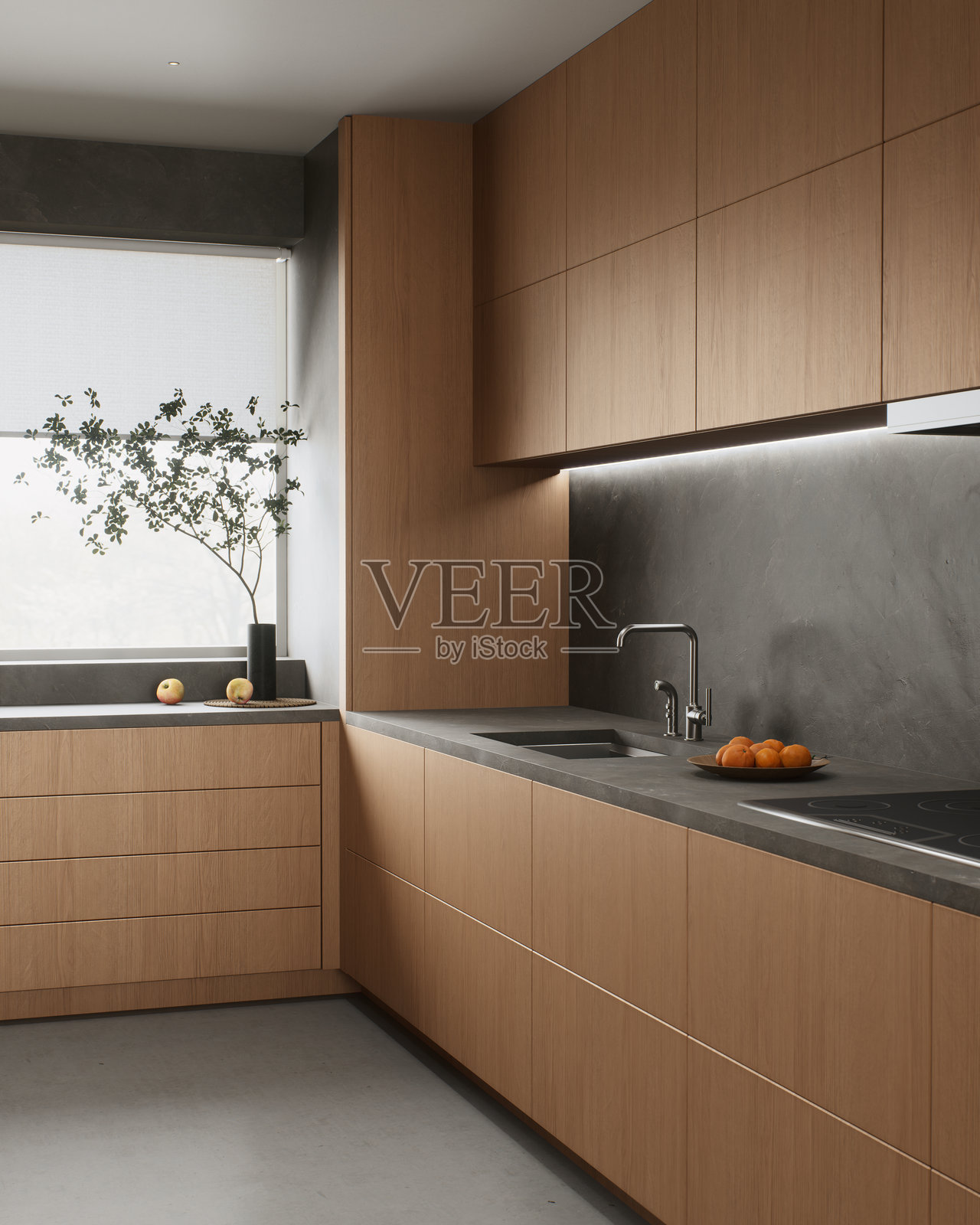 现代木质厨房设计包括流线型的台面,提升了功能性和美观性。照片摄影图片