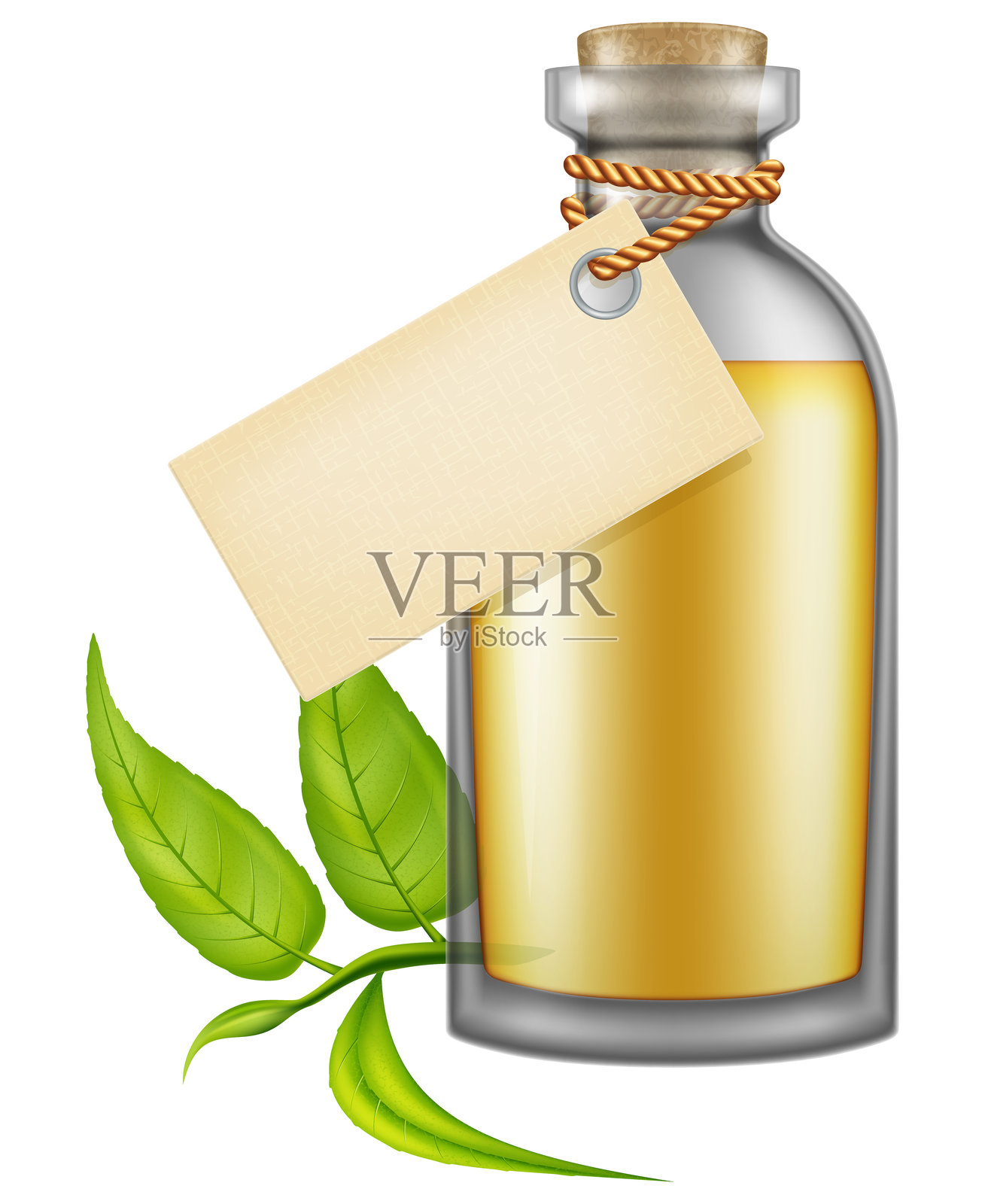 带标签的茶树油瓶,孤立在白色背景上。矢量插图。插画图片素材