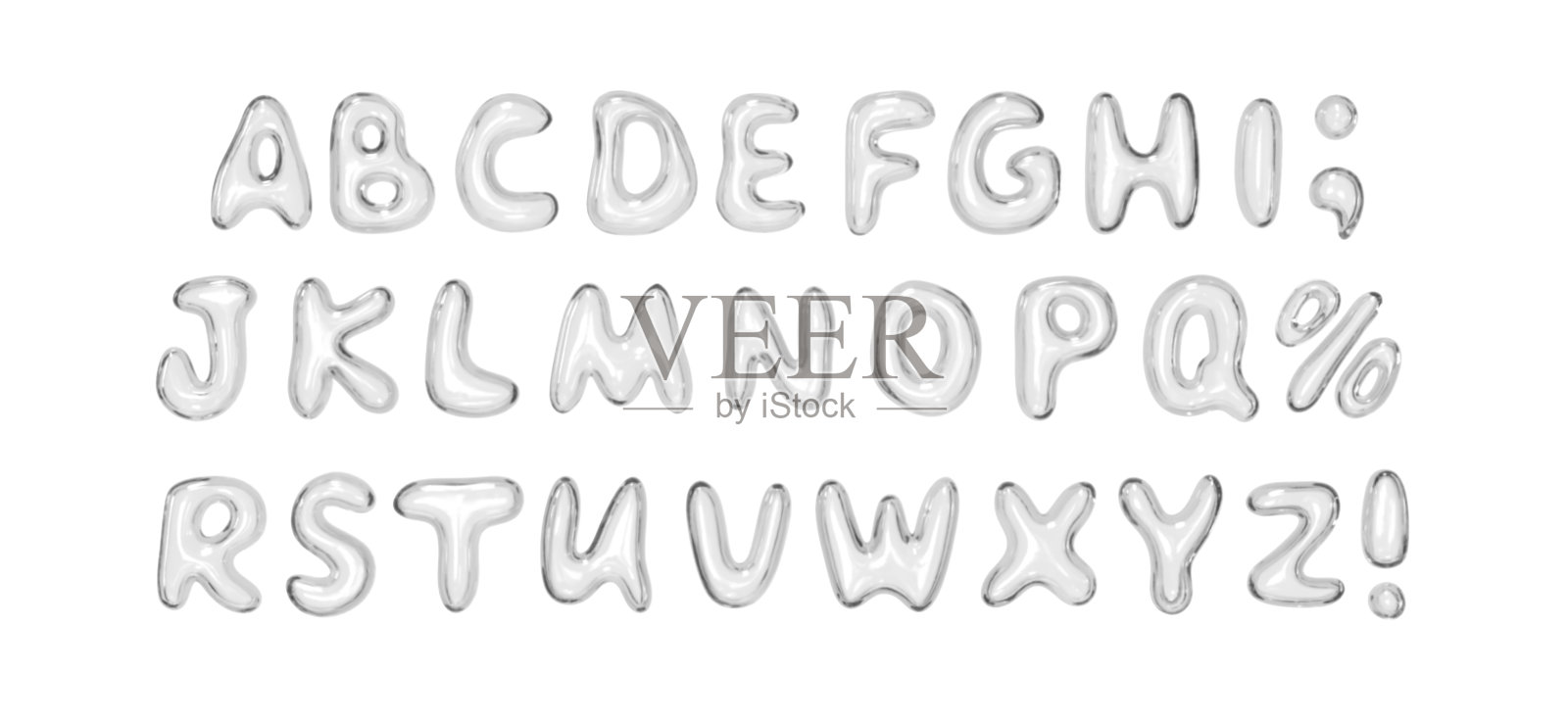 由玻璃材质制成的字母。具有逼真的3D玻璃液体效果的字体集合,包括大写字母和特殊符号。完整的字母表,适合现代设计。矢量插图。插画图片素材