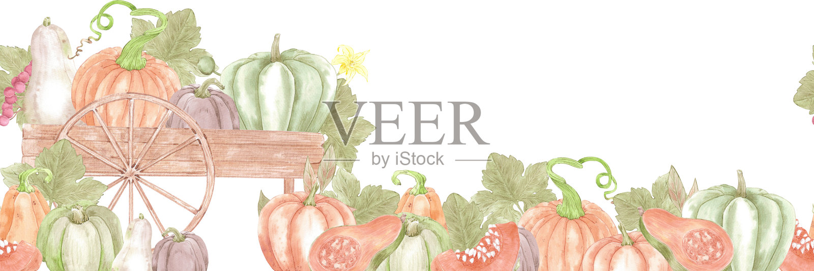 手绘水彩成熟南瓜与木制手推车和叶子的无缝边框,孤立在白色背景上。乡村插图可用于剪贴簿、纺织品和其他印刷产品。照片摄影图片
