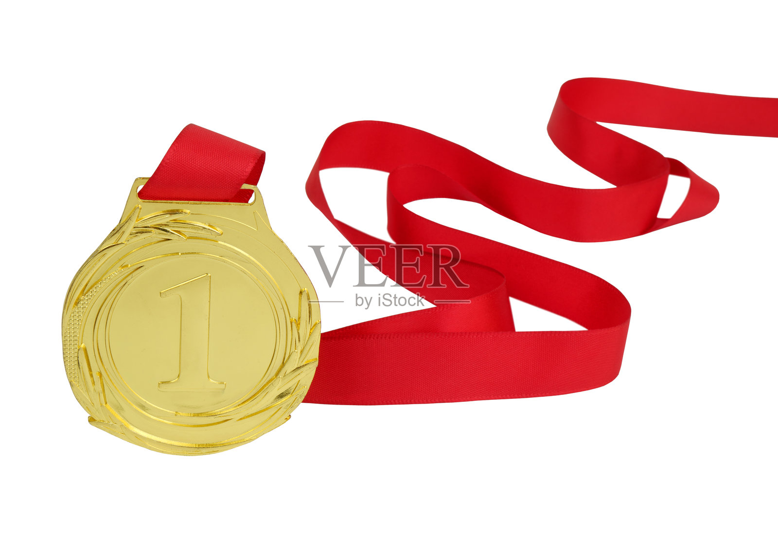 白色背景上的金牌与丝带照片摄影图片