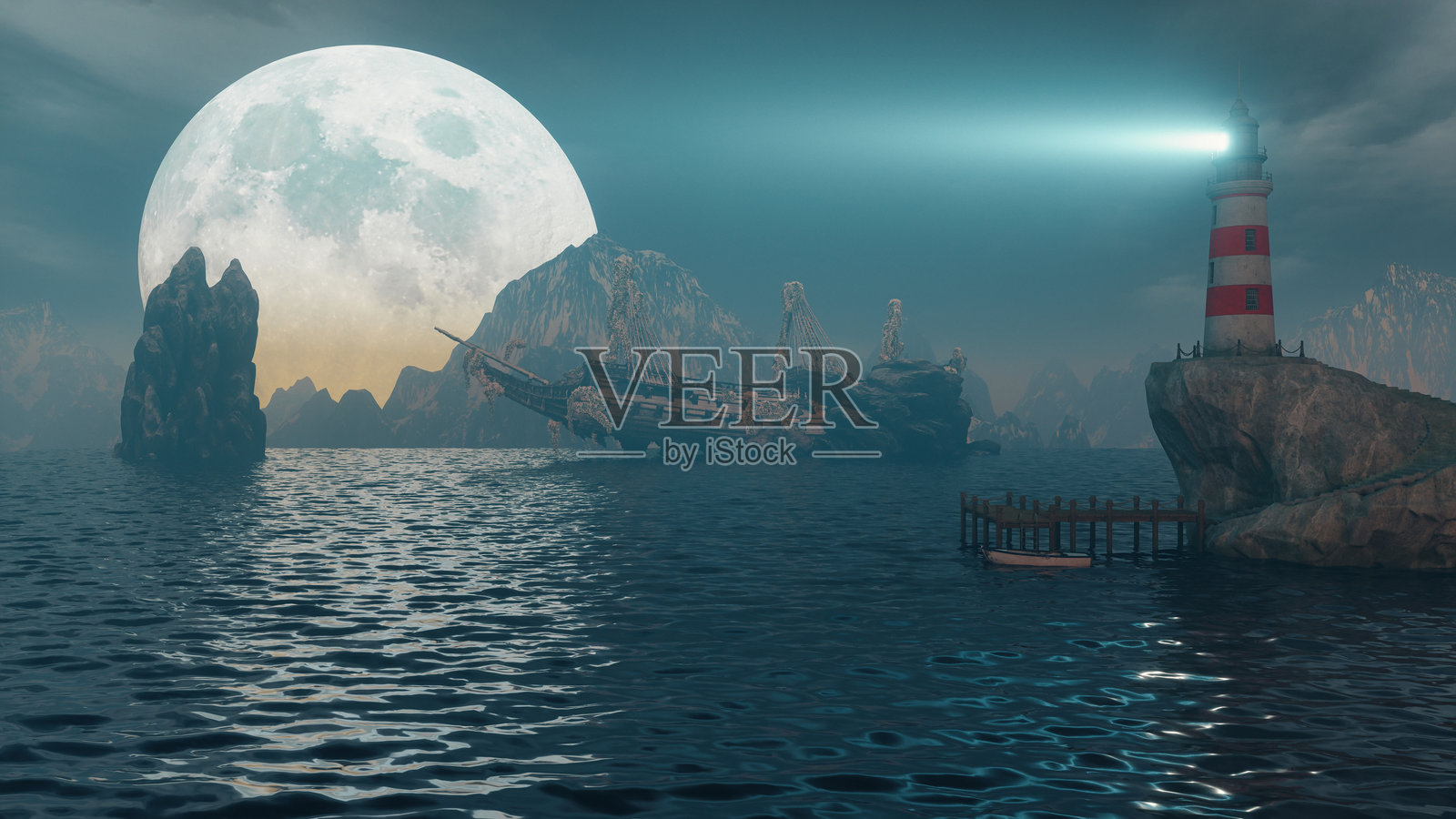 夜晚的破旧帆船在海洋中与月亮相伴照片摄影图片