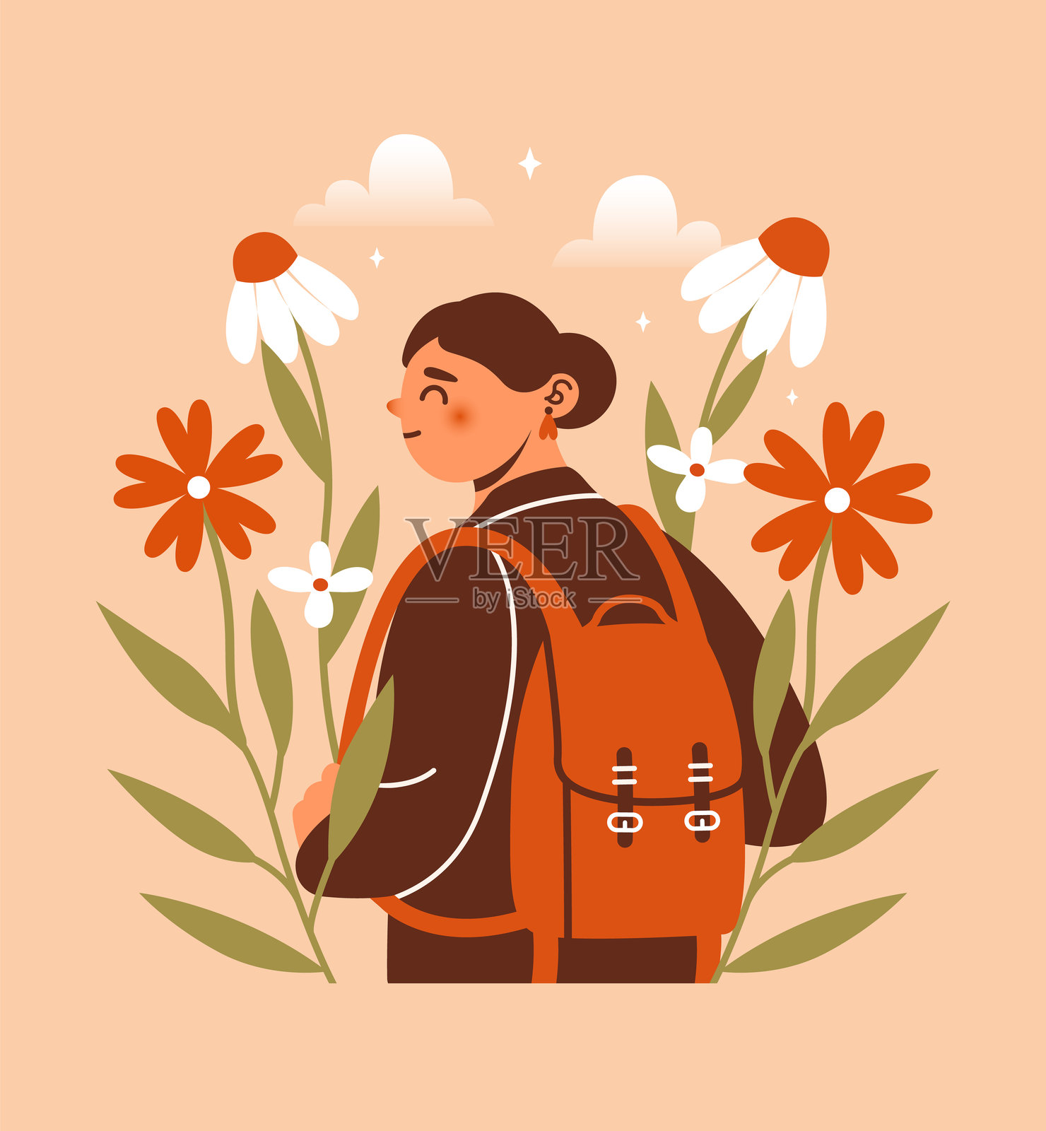 穿着外套、背着背包的年轻女性在大自然中行走,周围是花朵、植物、树叶、云朵和星星。天真的插图,展现可爱的女性角色。旅程,旅行。幸福,和谐,平衡。插画图片素材