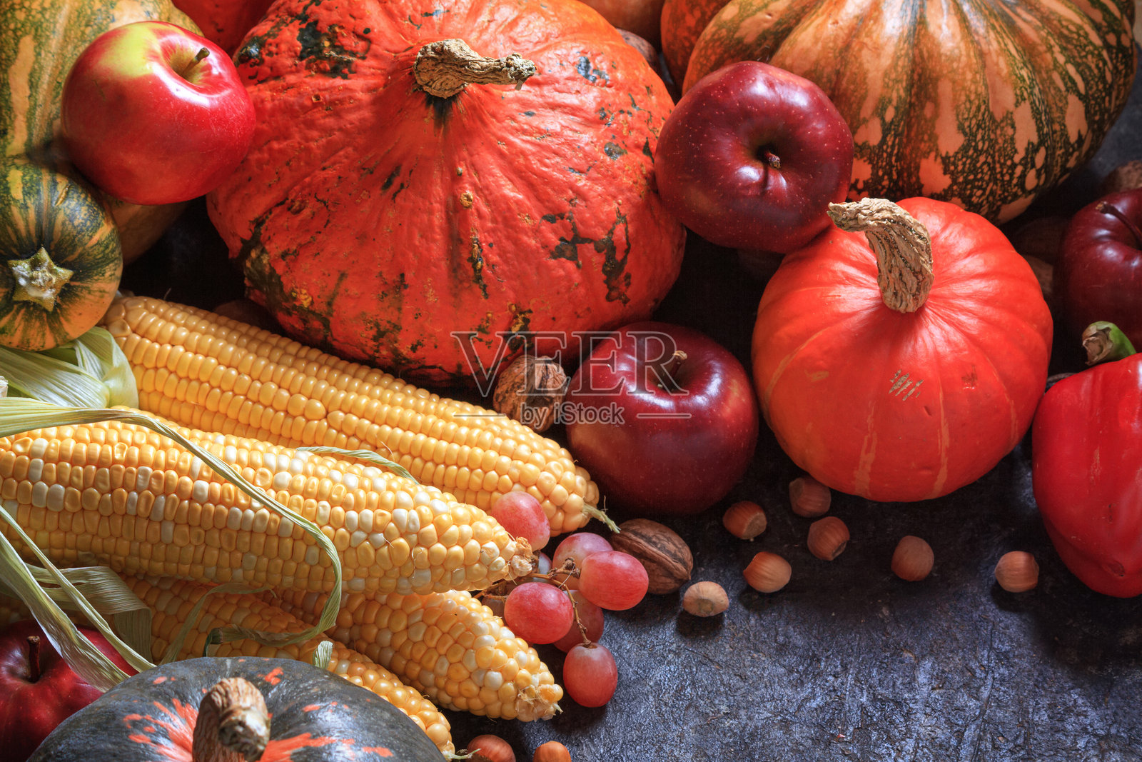 秋季农产品静物,包含水果和蔬菜。丰收节假日概念照片摄影图片