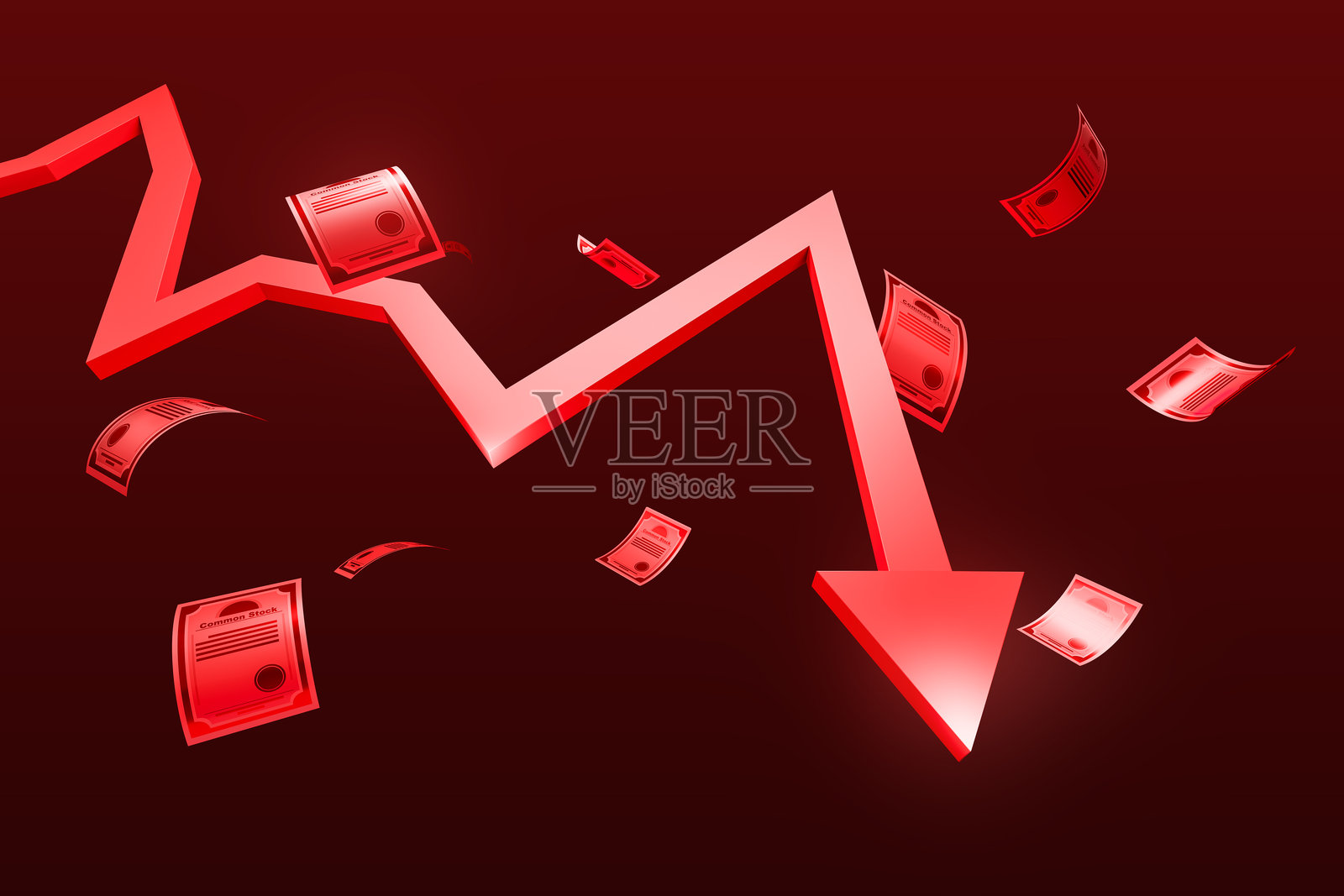 下降趋势与下跌的金钱插图。3D渲染照片摄影图片