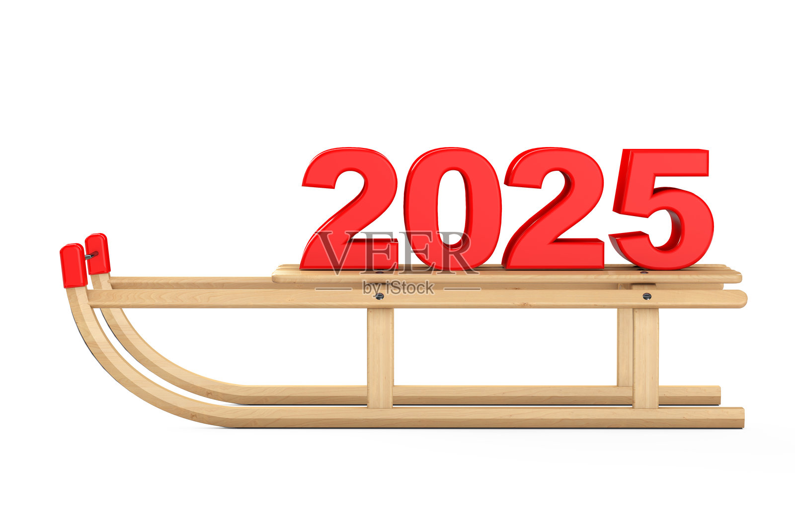经典木制雪橇与2025新年标志。3D渲染照片摄影图片