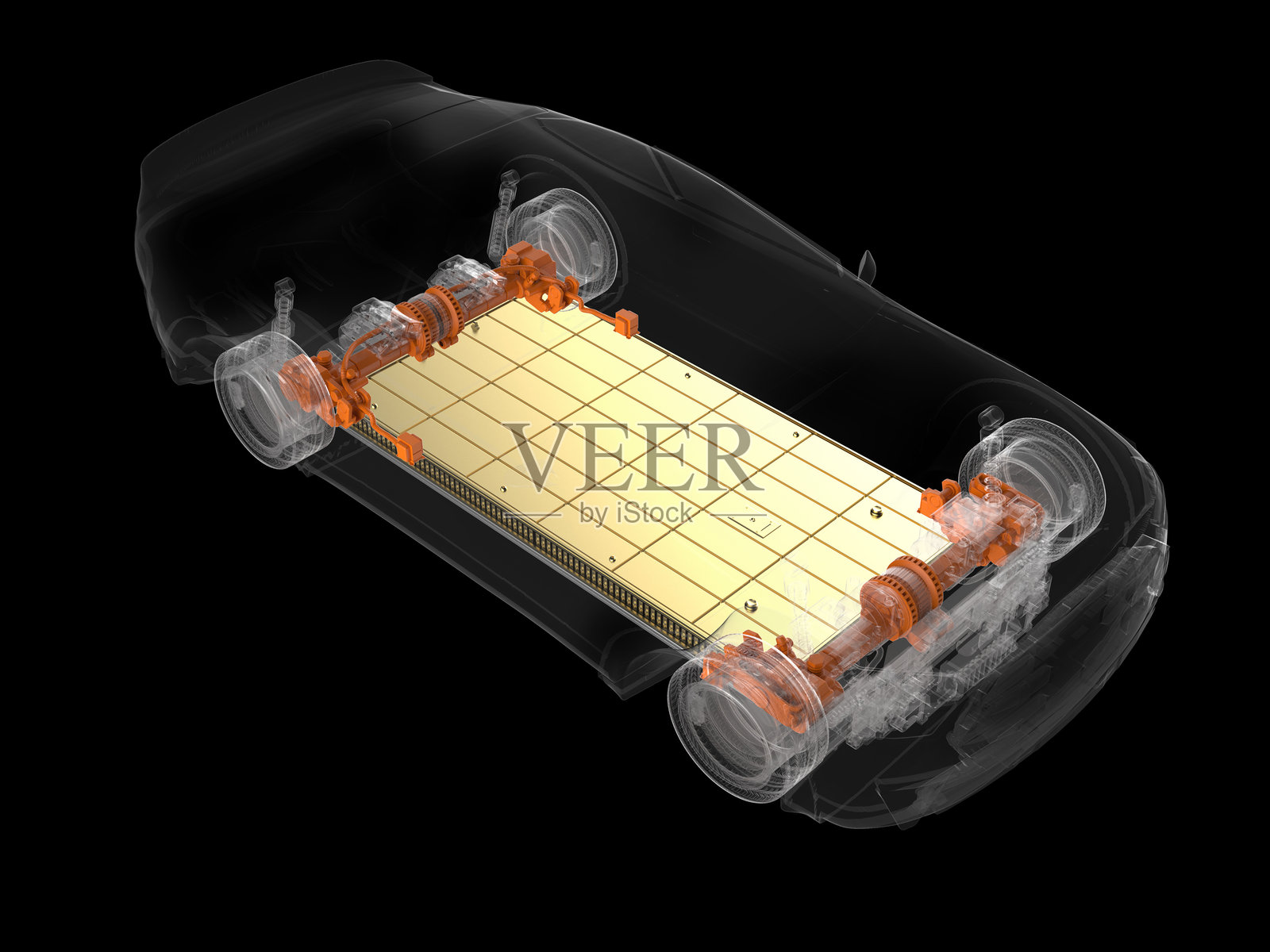 金色电动汽车电池或锂离子软包电池模块与底盘照片摄影图片