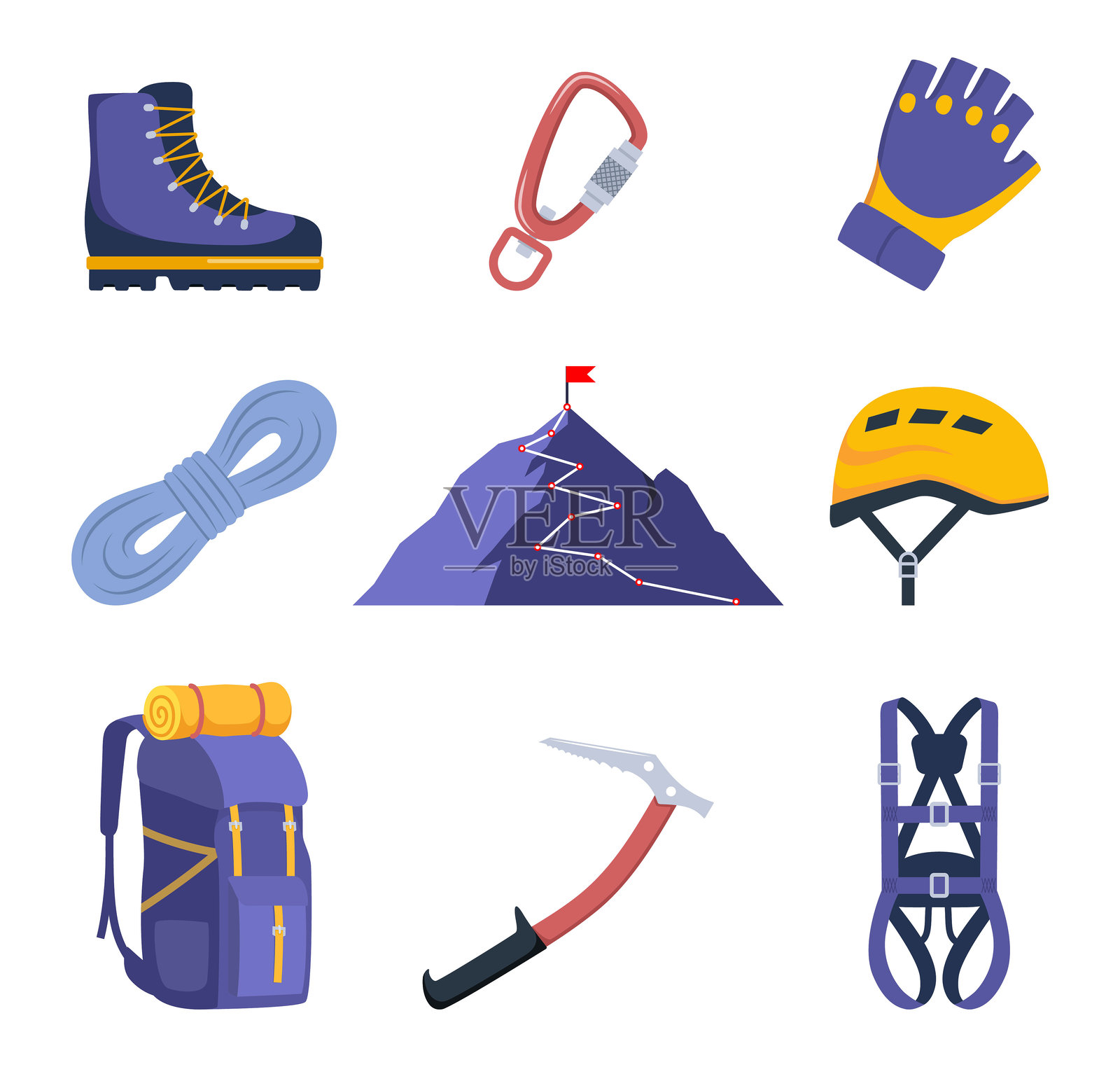 登山装备。攀岩工具、登山者用品、山岩攀登安全绳、结、吊带、登山扣、头盔、冰镐、极限运动。矢量插图。插画图片素材