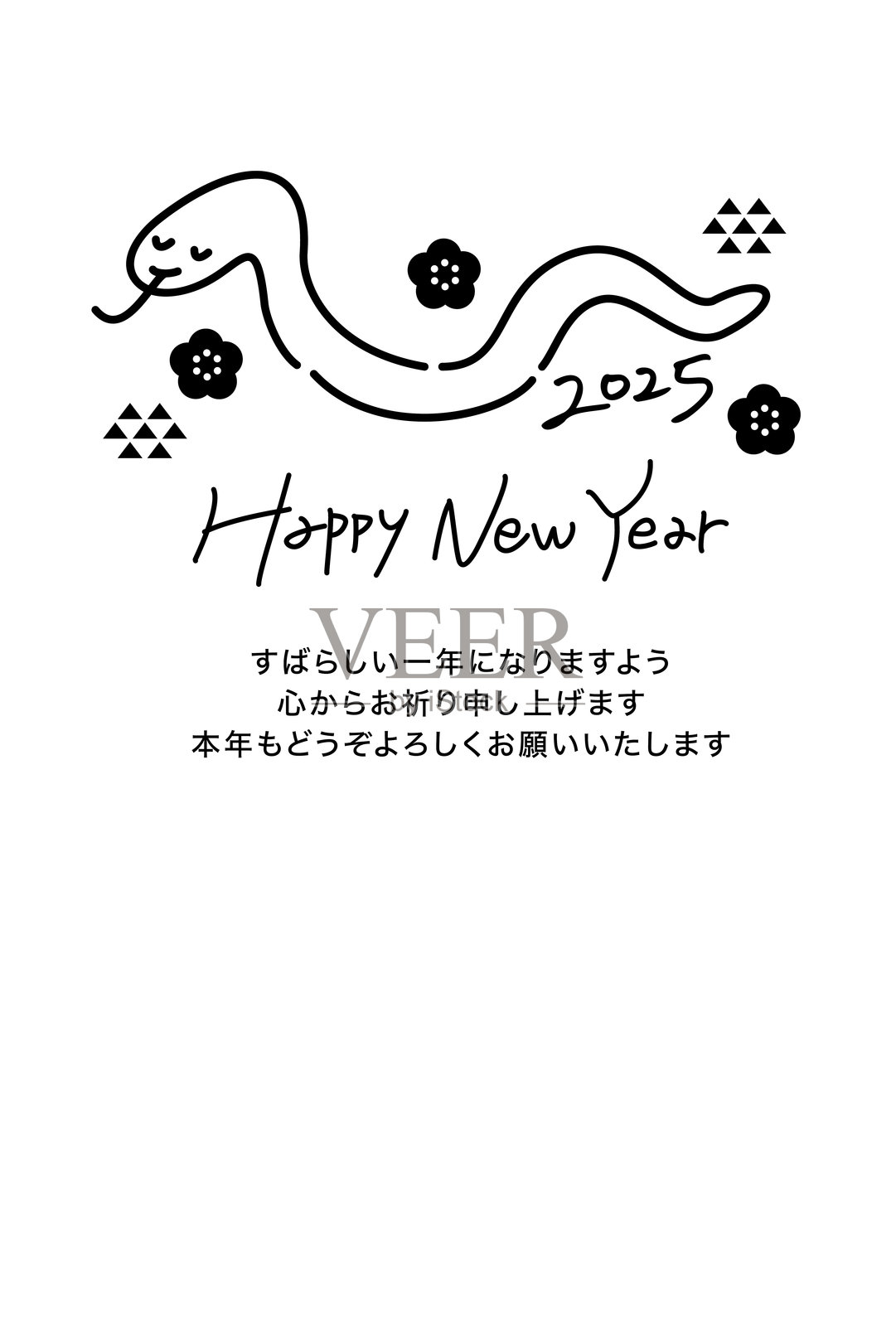 2025年蛇年贺卡。简单可爱的全黑手写设计,纵向排版。插画图片素材